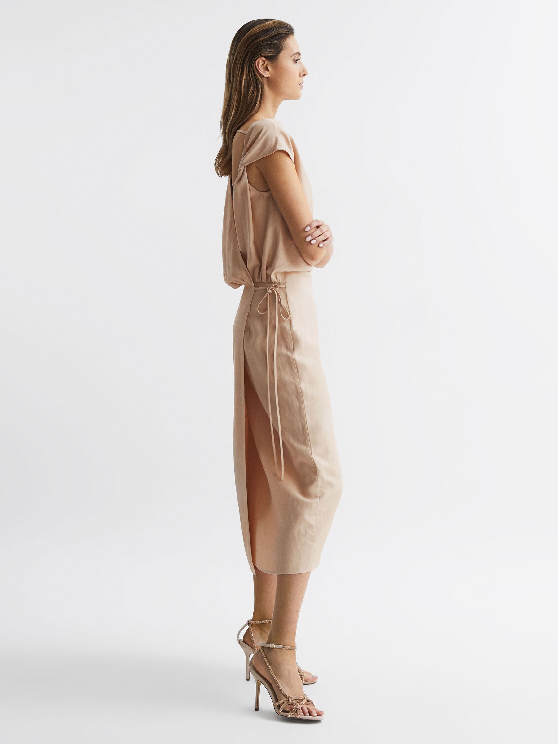 Premium Linen Blend Open-Back Midi Dress in Nude