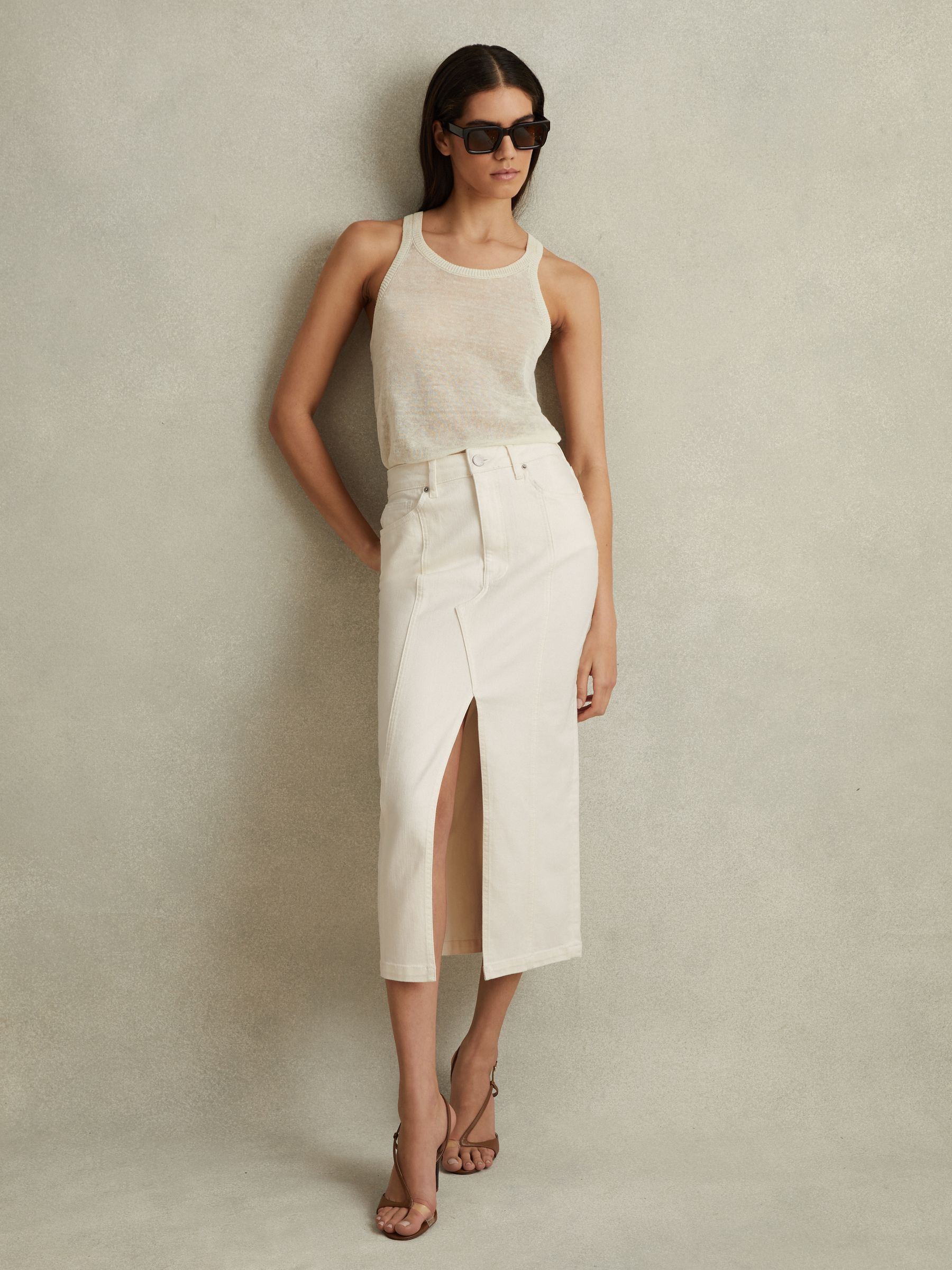 High Rise Denim Midi Skirt in Ivory