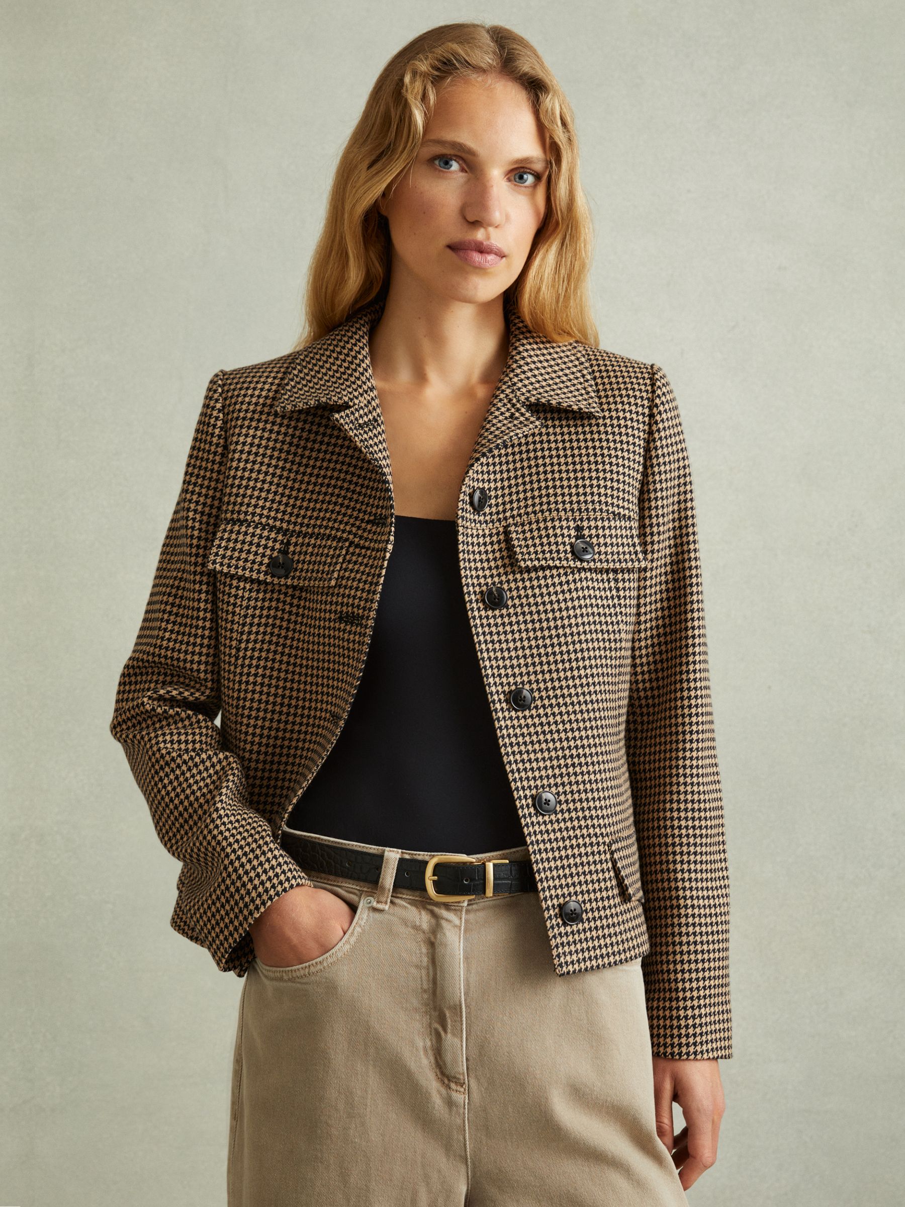 Lena Black/Camel Dogtooth Check Collared Jacket
