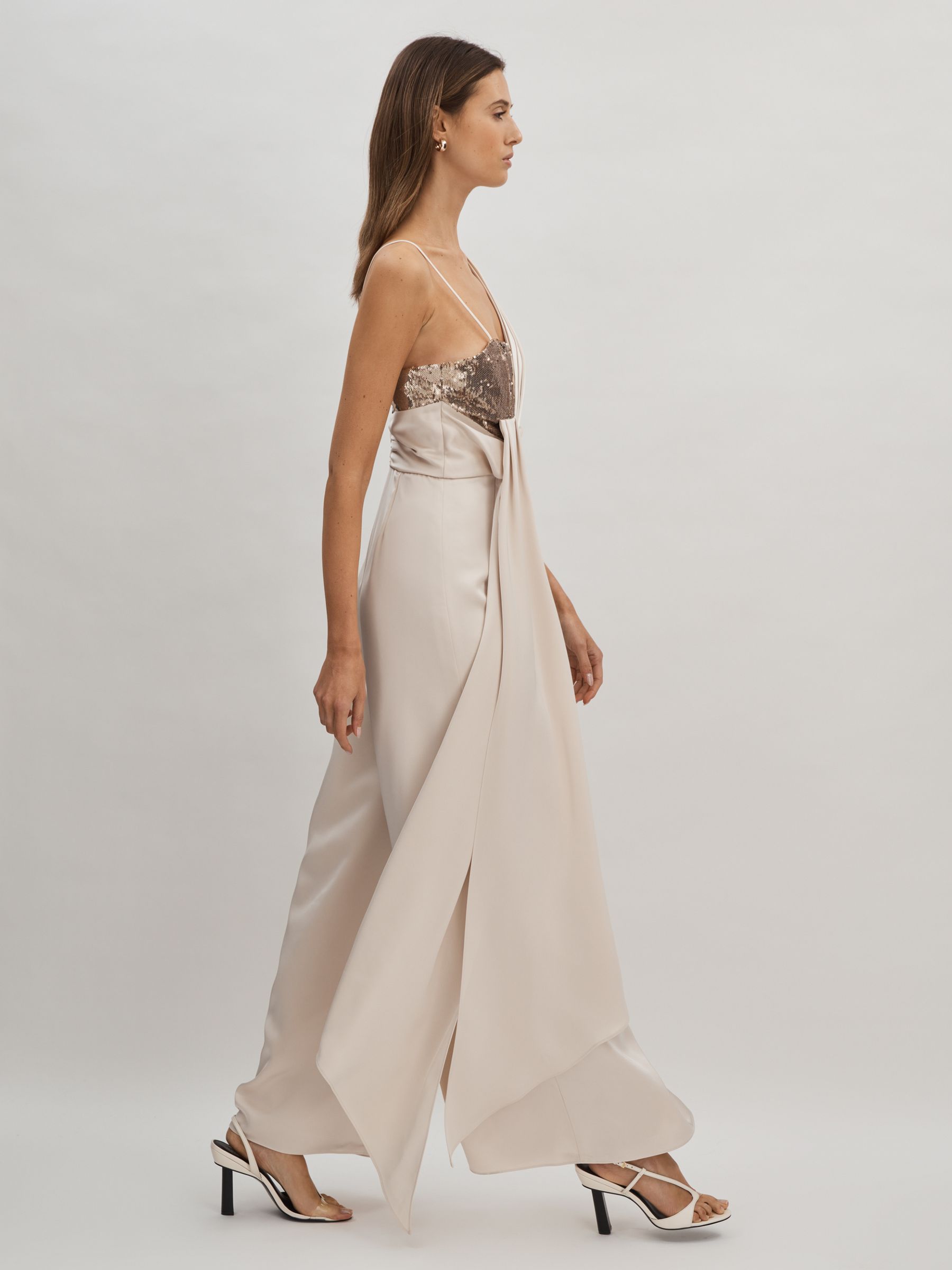 Halston Satin Sequin Wide Leg Jumpsuit in Champagne
