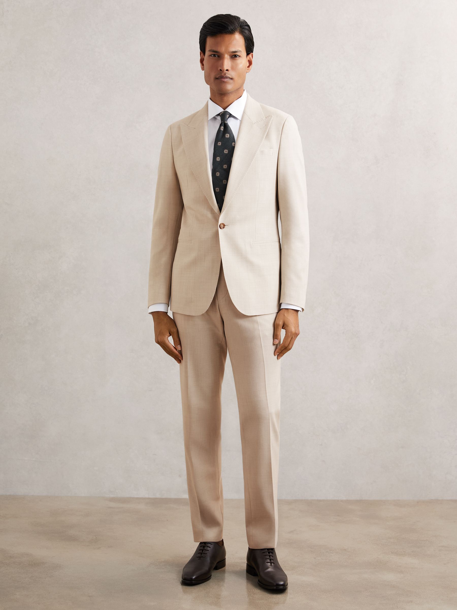 Single-Breasted Textured Suit Blazer Slim-Fit With Wool in Stone
