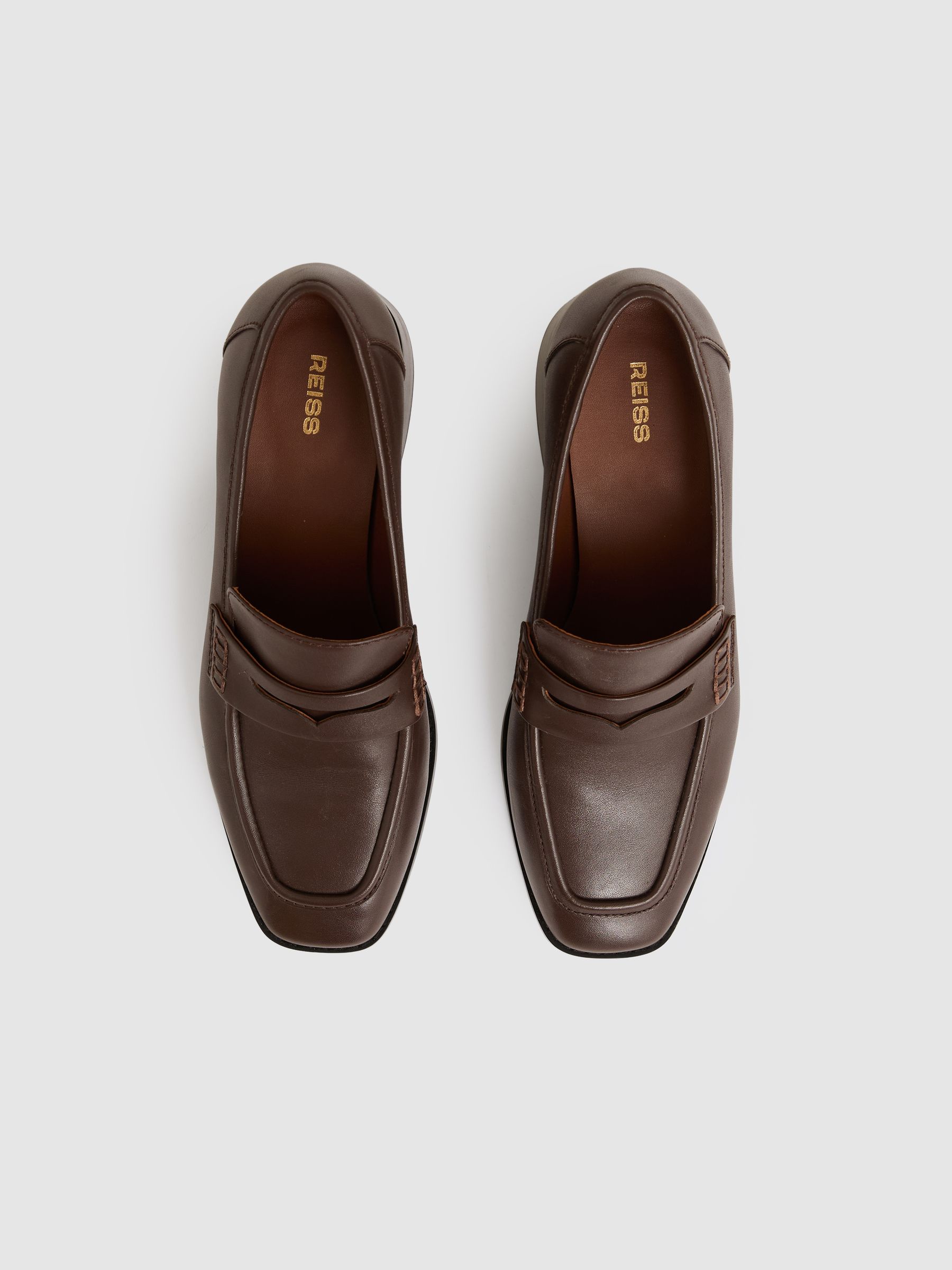 Leather Block-Heel Penny Loafers in Chocolate