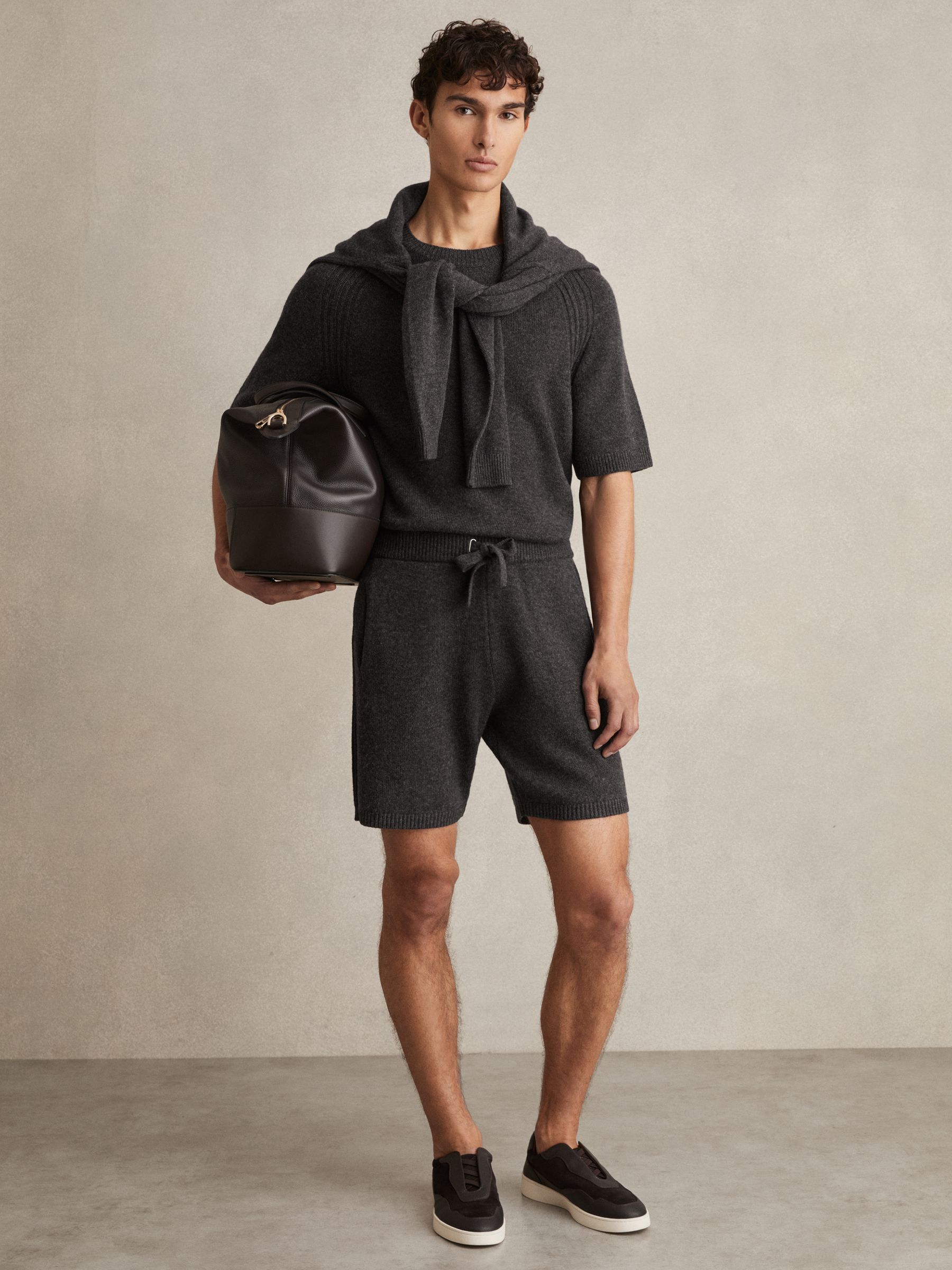 Wool Blend Heavy Knit Shorts in Charcoal Melange