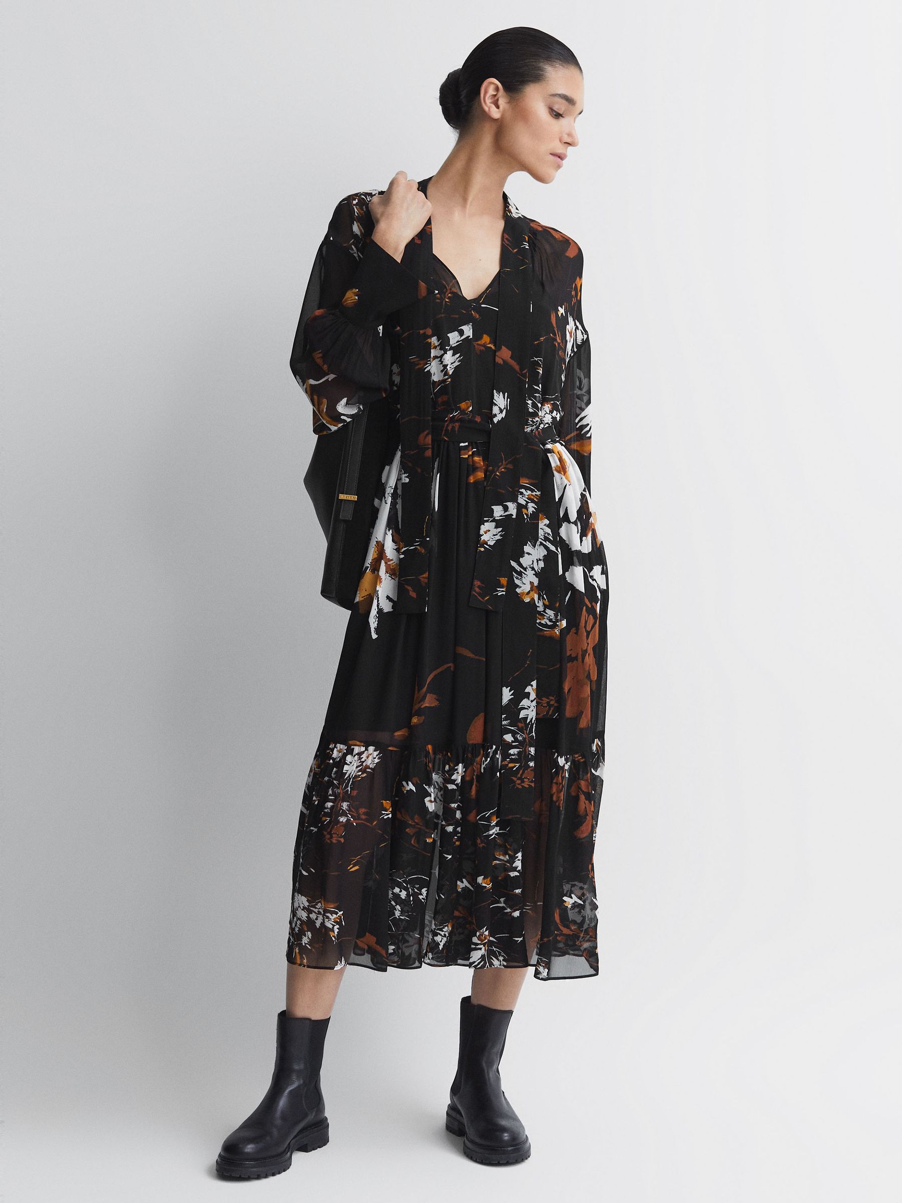 Floral Neck Tie Midi Dress in Black/Brown