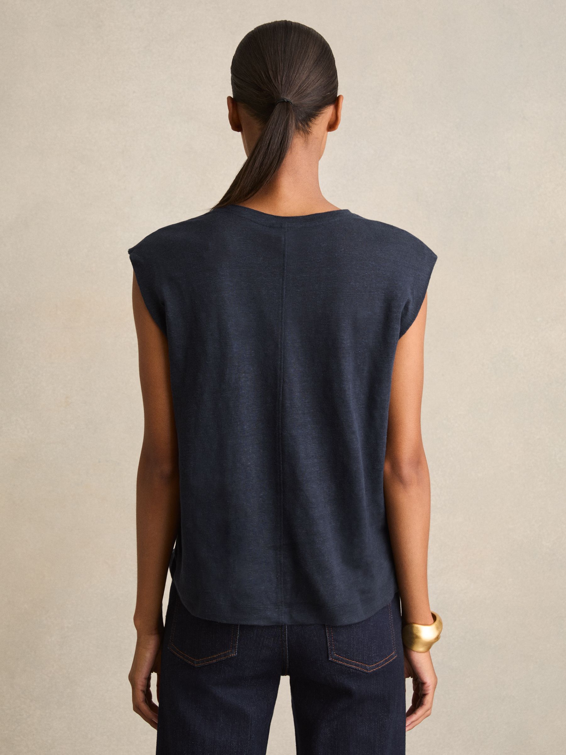 Linen Cap-Sleeve T-Shirt in Navy