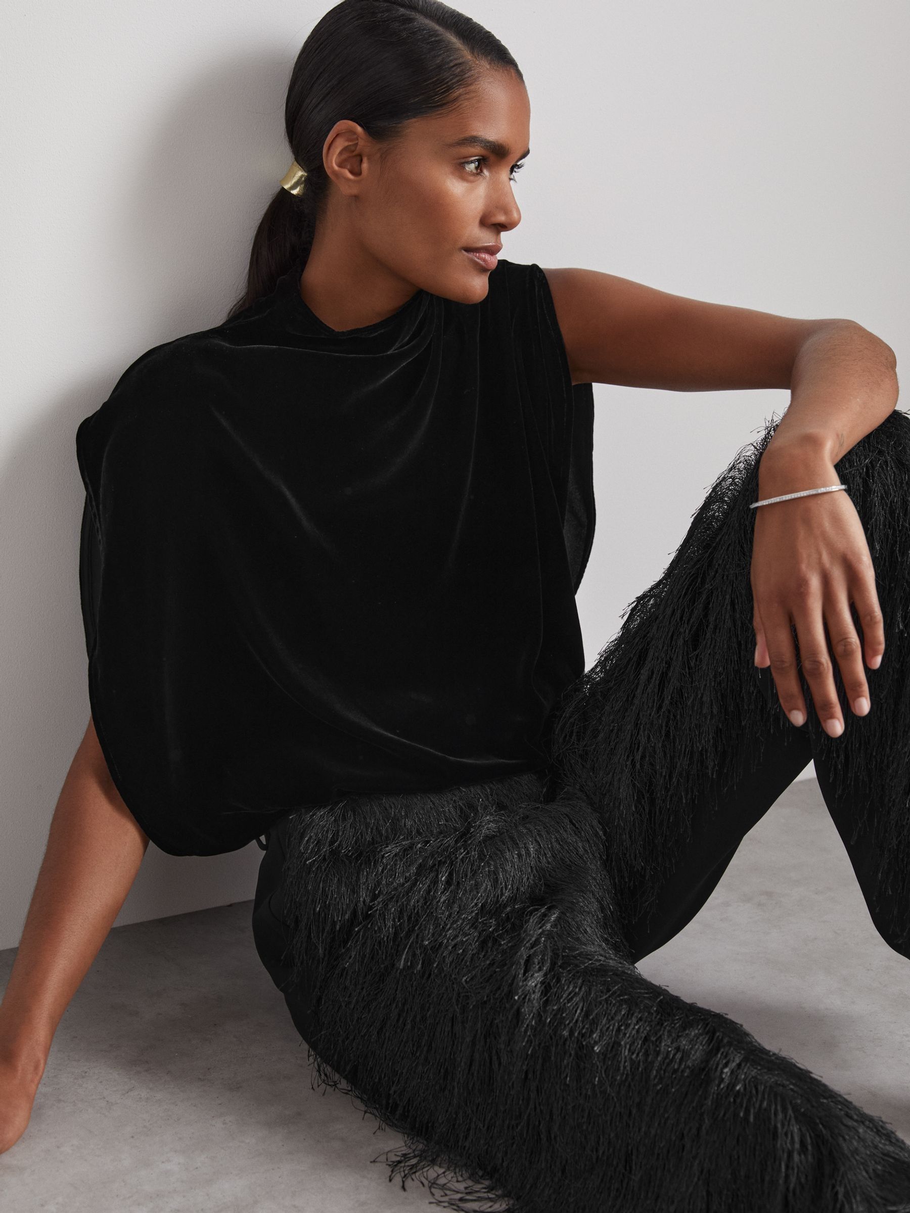 Atelier Velvet Draped Sleeveless Bodysuit in Black