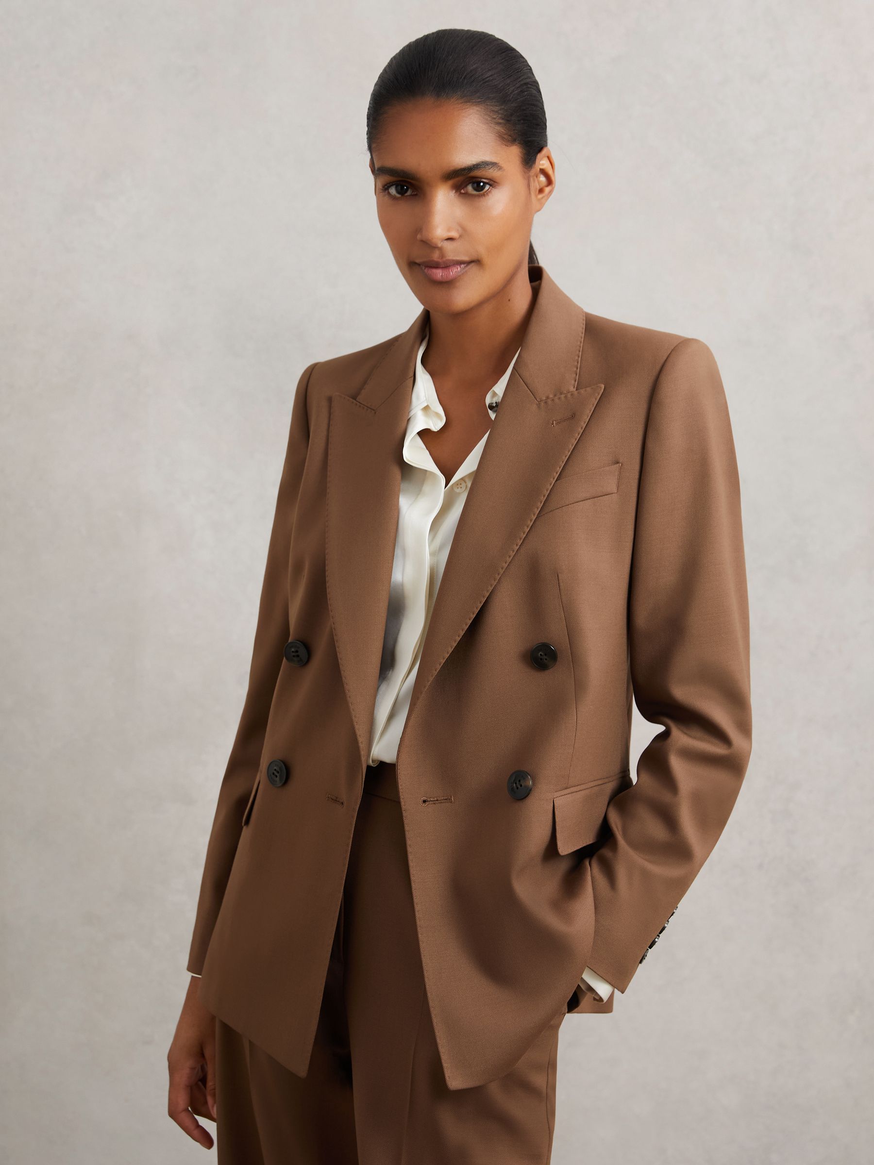 Petite Wool-Blend Double-Breasted Suit Blazer in Tan