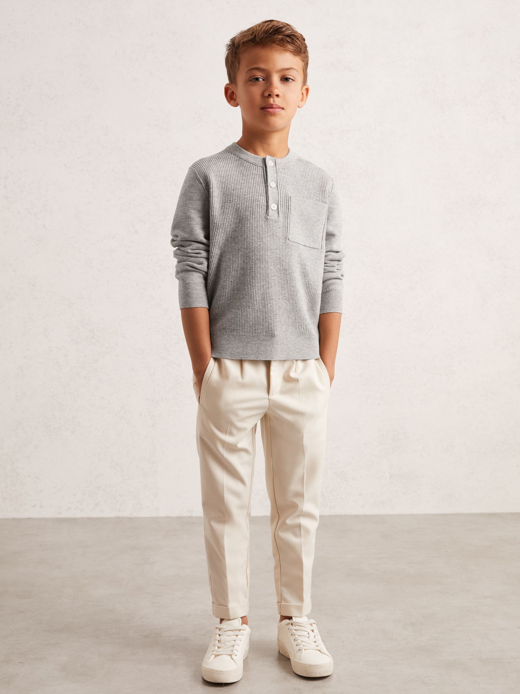 13-14 yrs Cotton-Blend Rib-Knit Henley Top in Mid Grey Melange