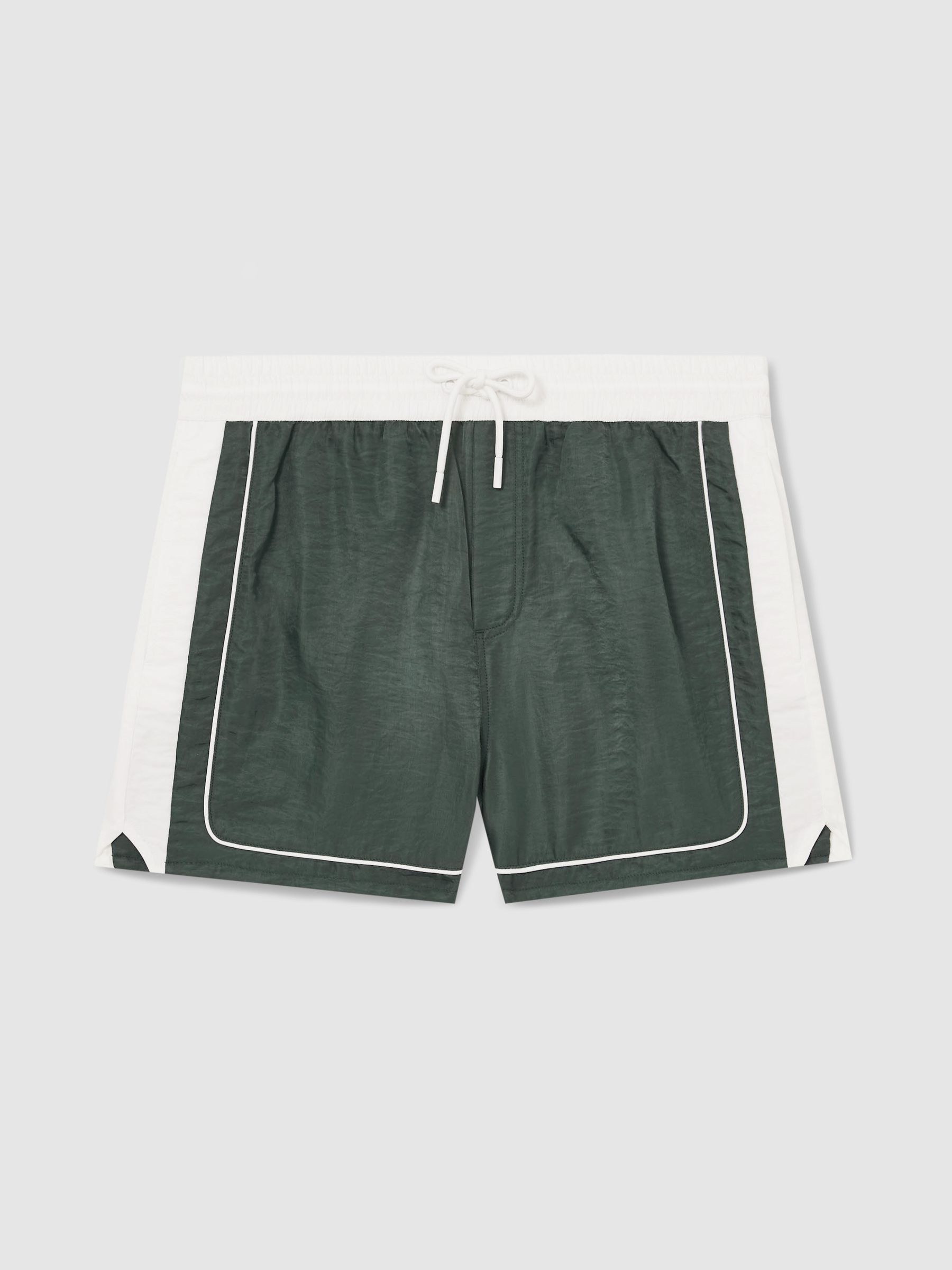 Colour-Block Piped-Trim Swim Shorts in Dark Green/White