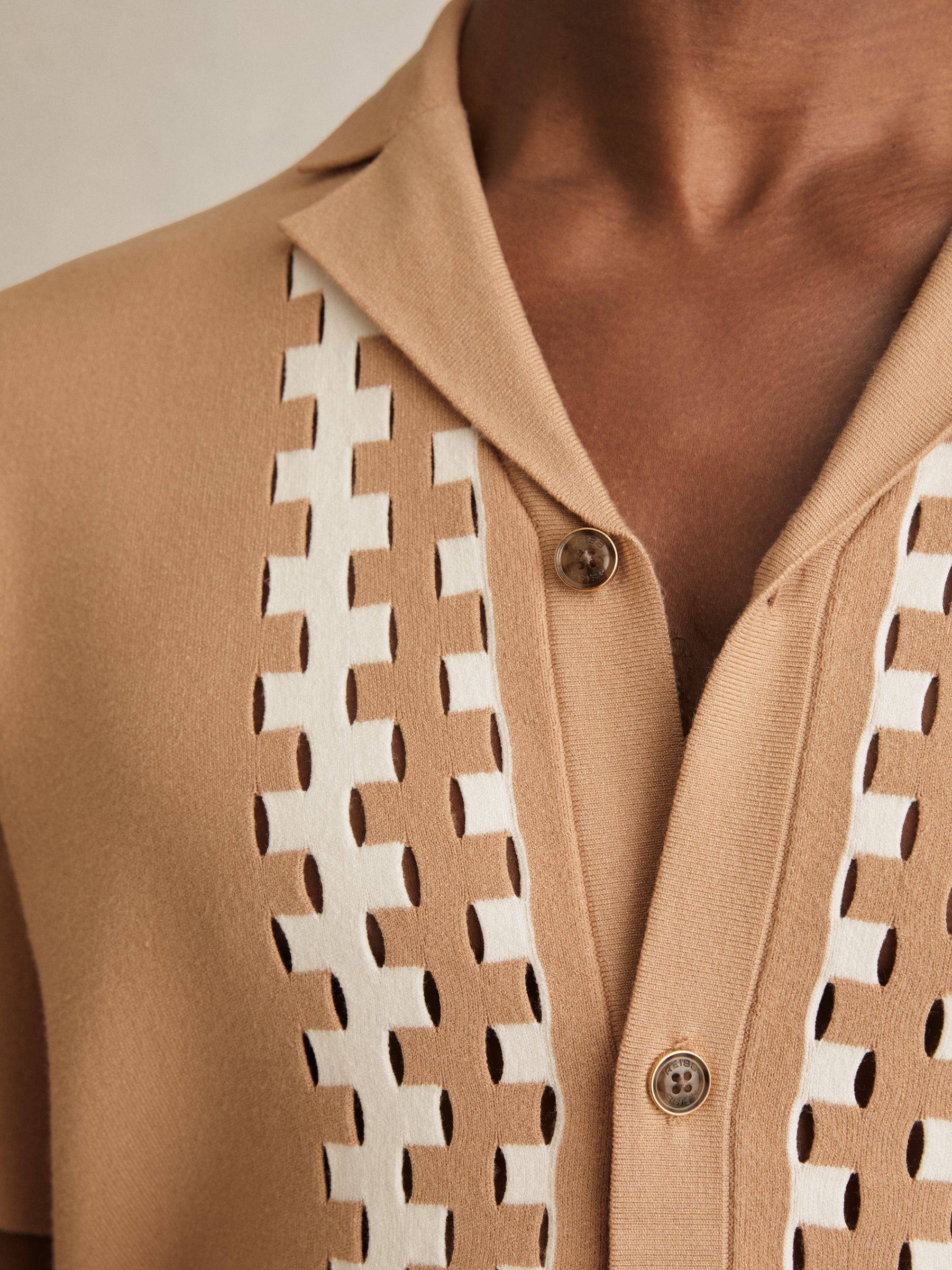 Geometric Cuban-Collar Knit Shirt in Camel/Off White