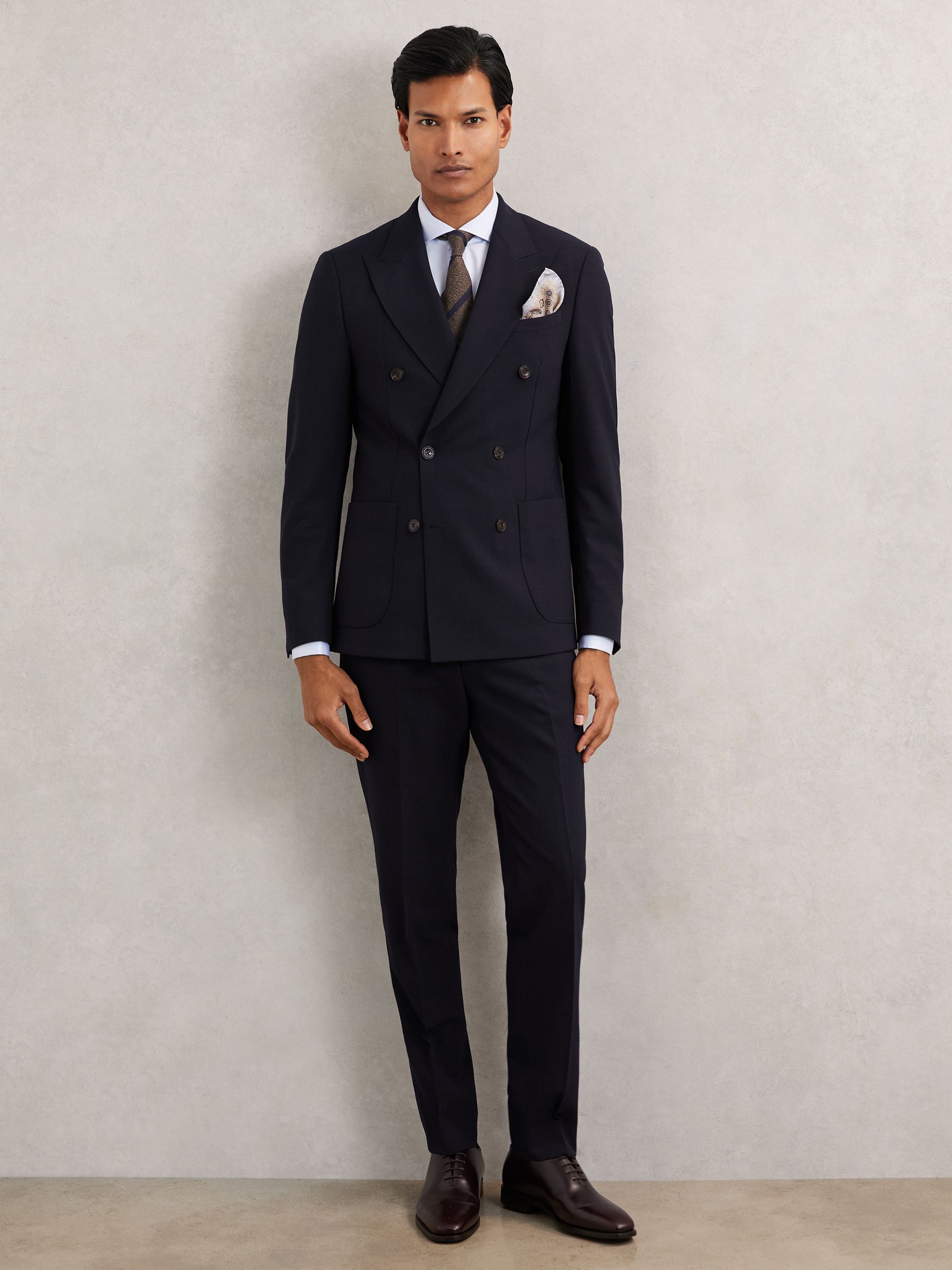 Double-Breasted Textured Suit Blazer Slim-Fit With Wool in Navy