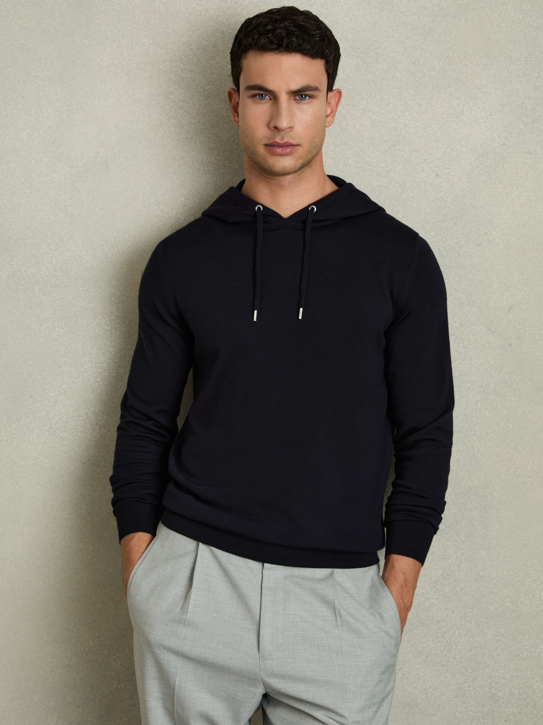 Merino Wool Drawstring Hoodie in Navy