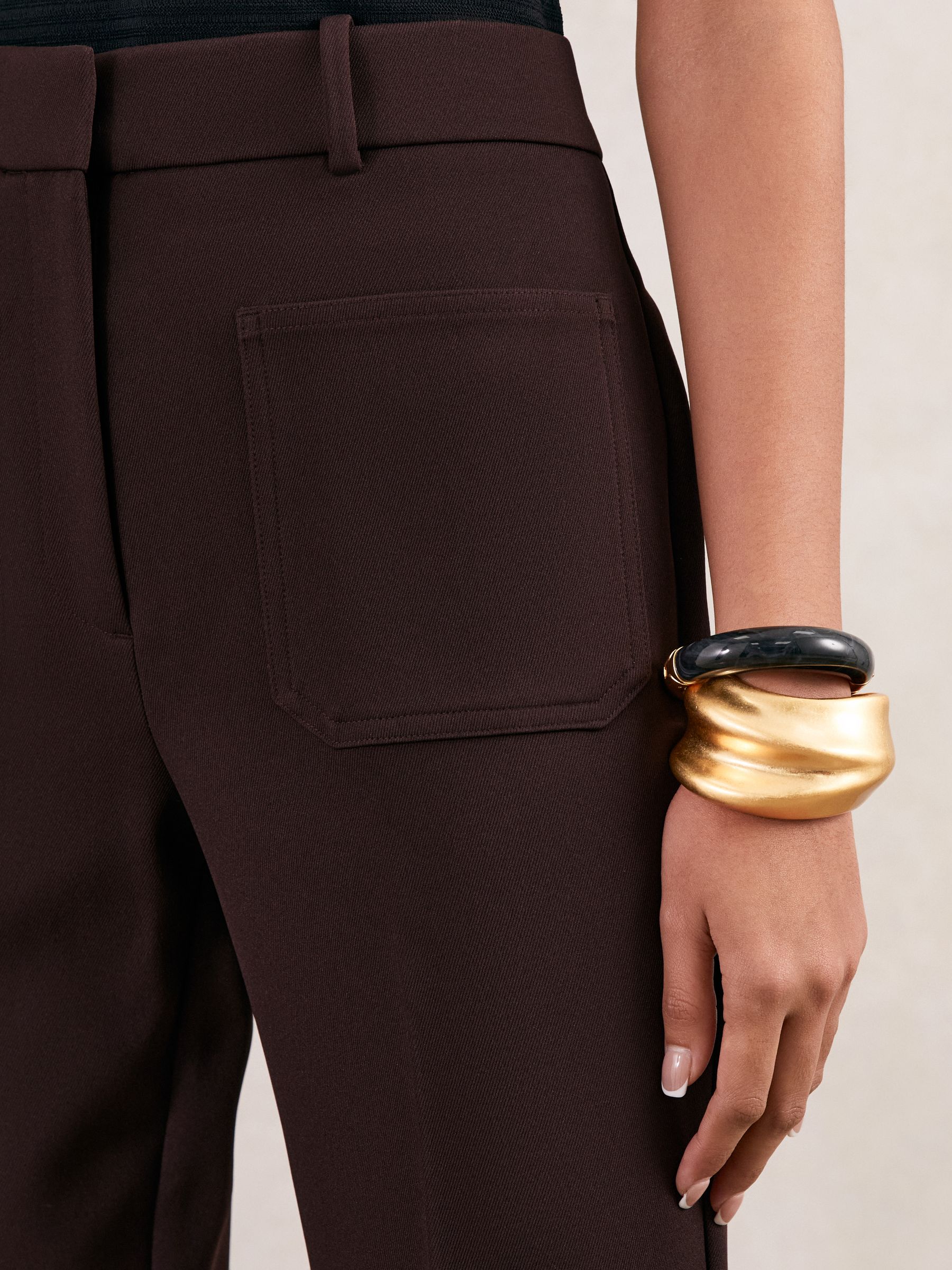 Petite Twill Patch-Pocket Flared Trousers in Chocolate Brown