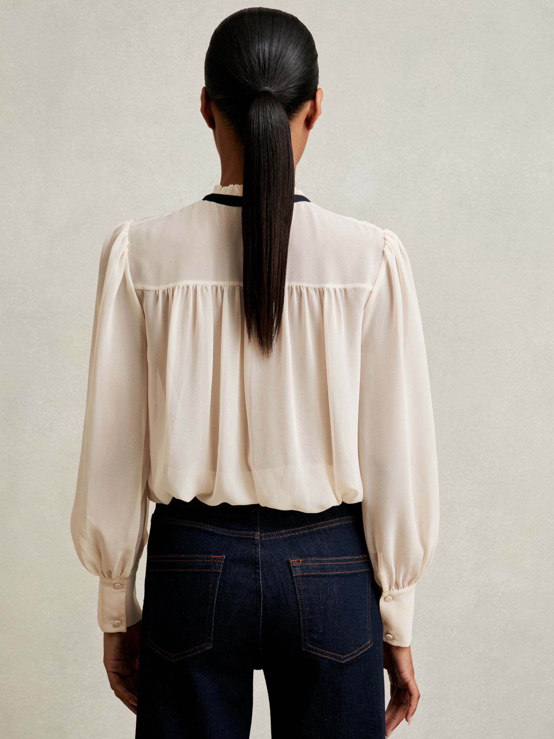 Lace-Embroidered Tie-Neck Shirt in Cream