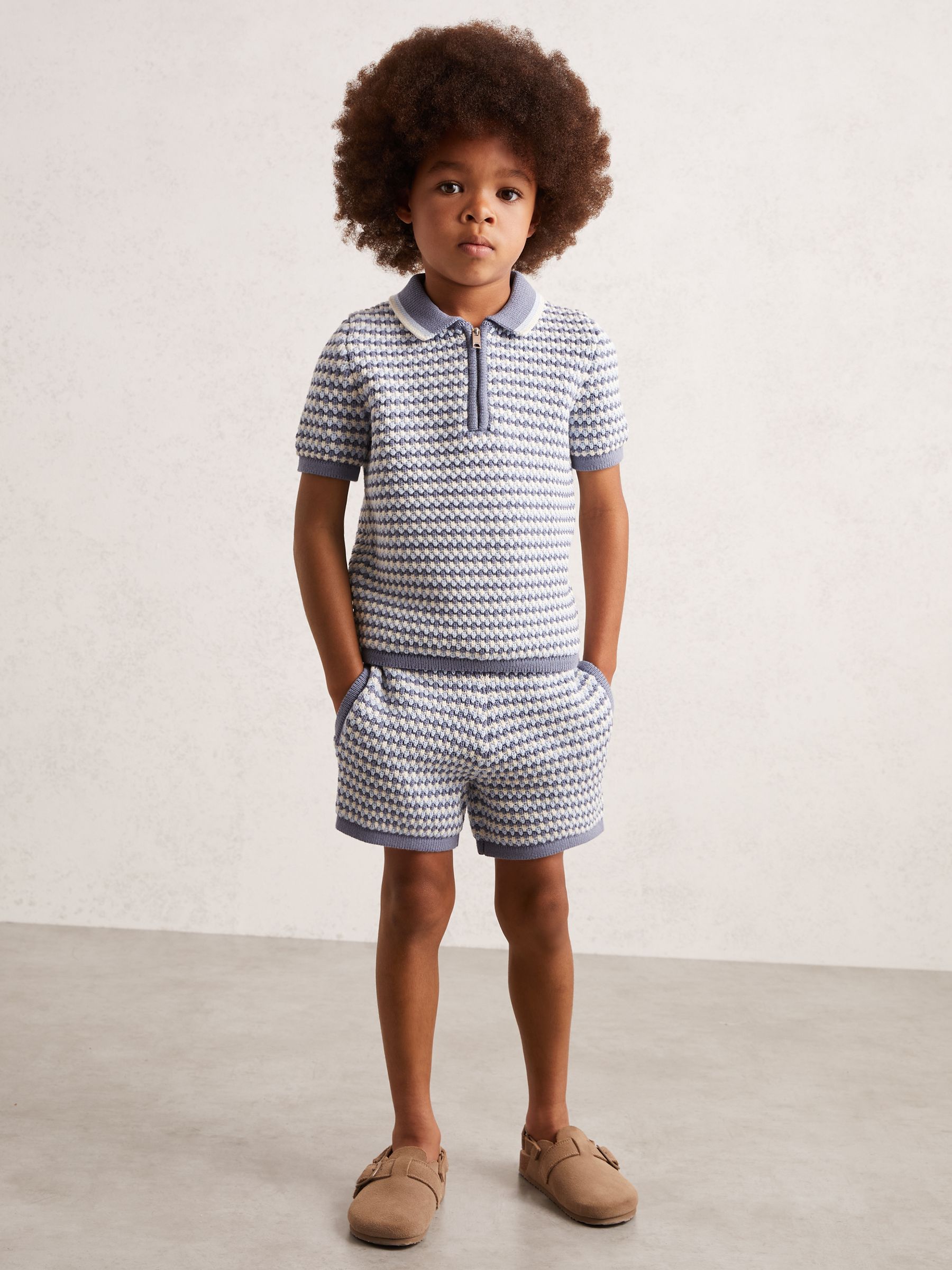 9-13 yrs Knitted Stripe Half-Zip Polo Shirt in Blue/White