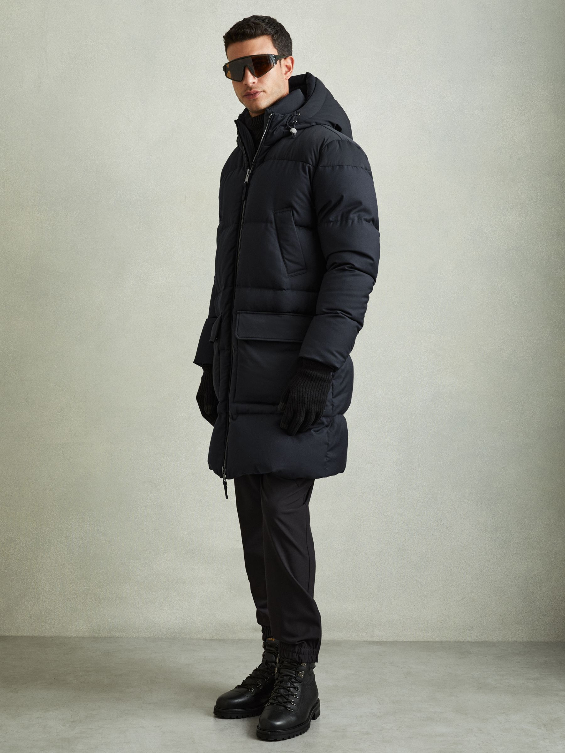 Quilted Longline Puffer Coat in Navy