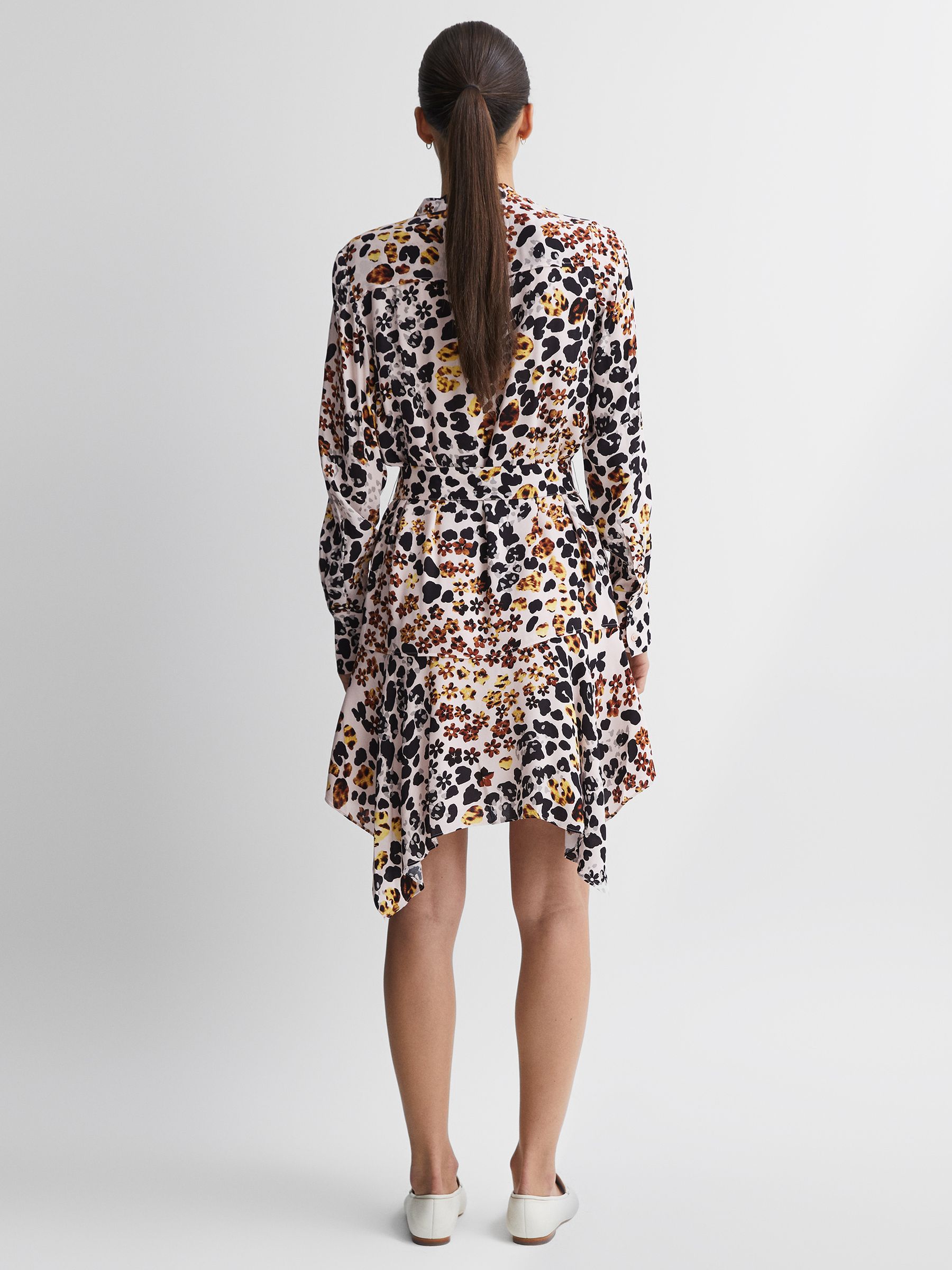 Animal Print Asymmetric Belted Dress in Nude/Black