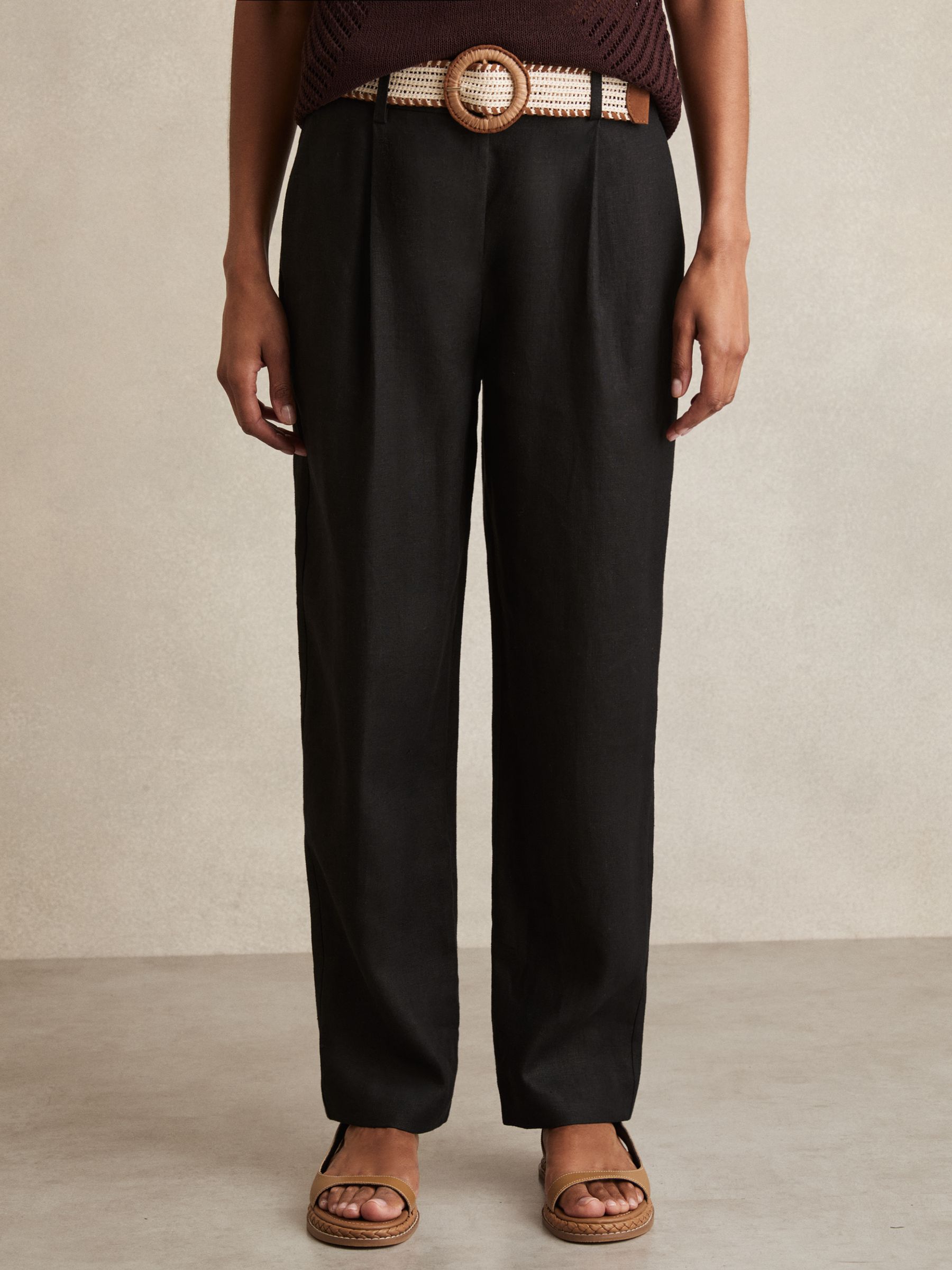 Petite Linen Belted Tapered Trousers in Black