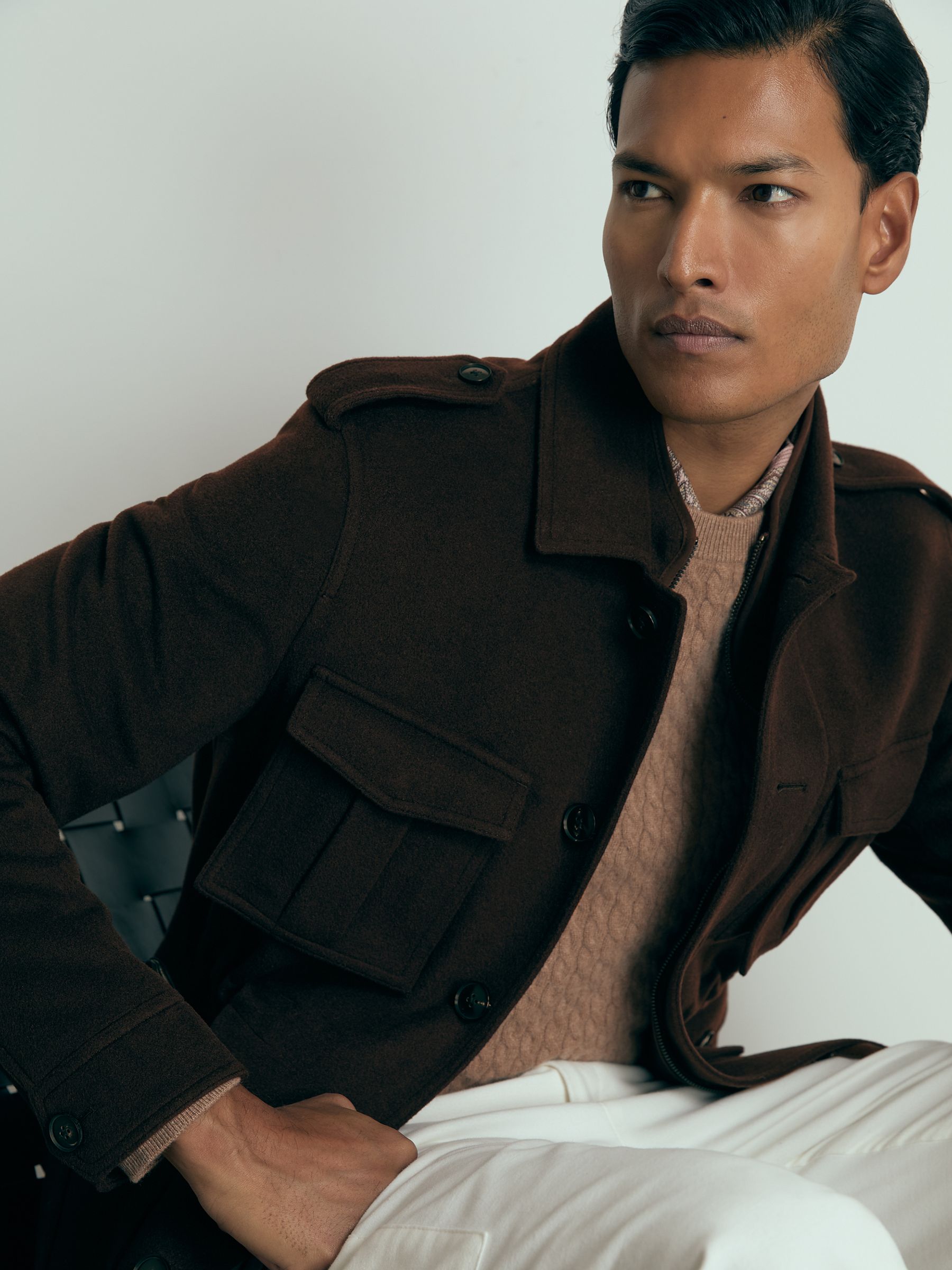 Atelier Felted-Cashmere Field Jacket in Chocolate Brown