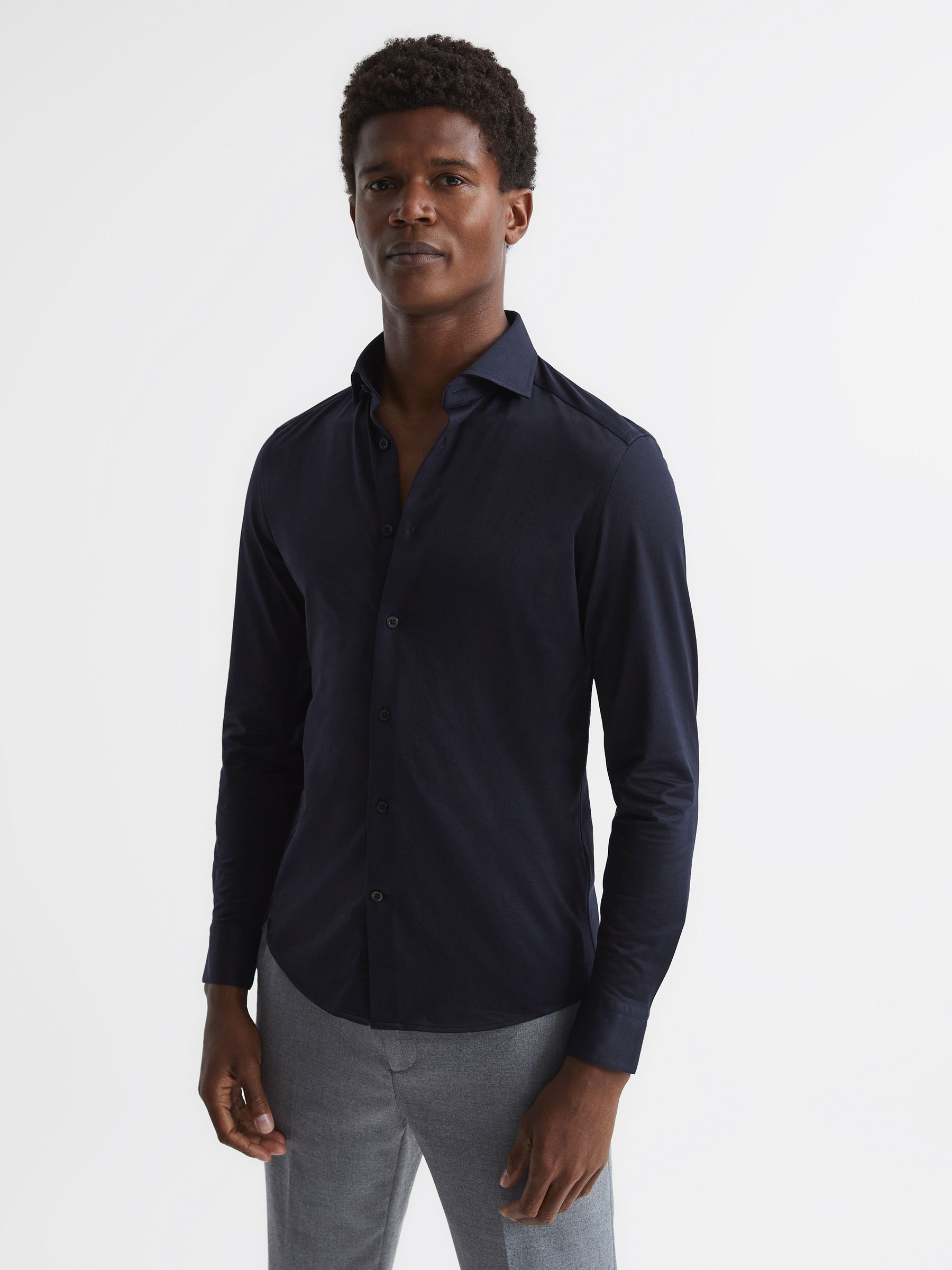 Cotton-Blend Jersey Cutaway-Collar Shirt in Navy