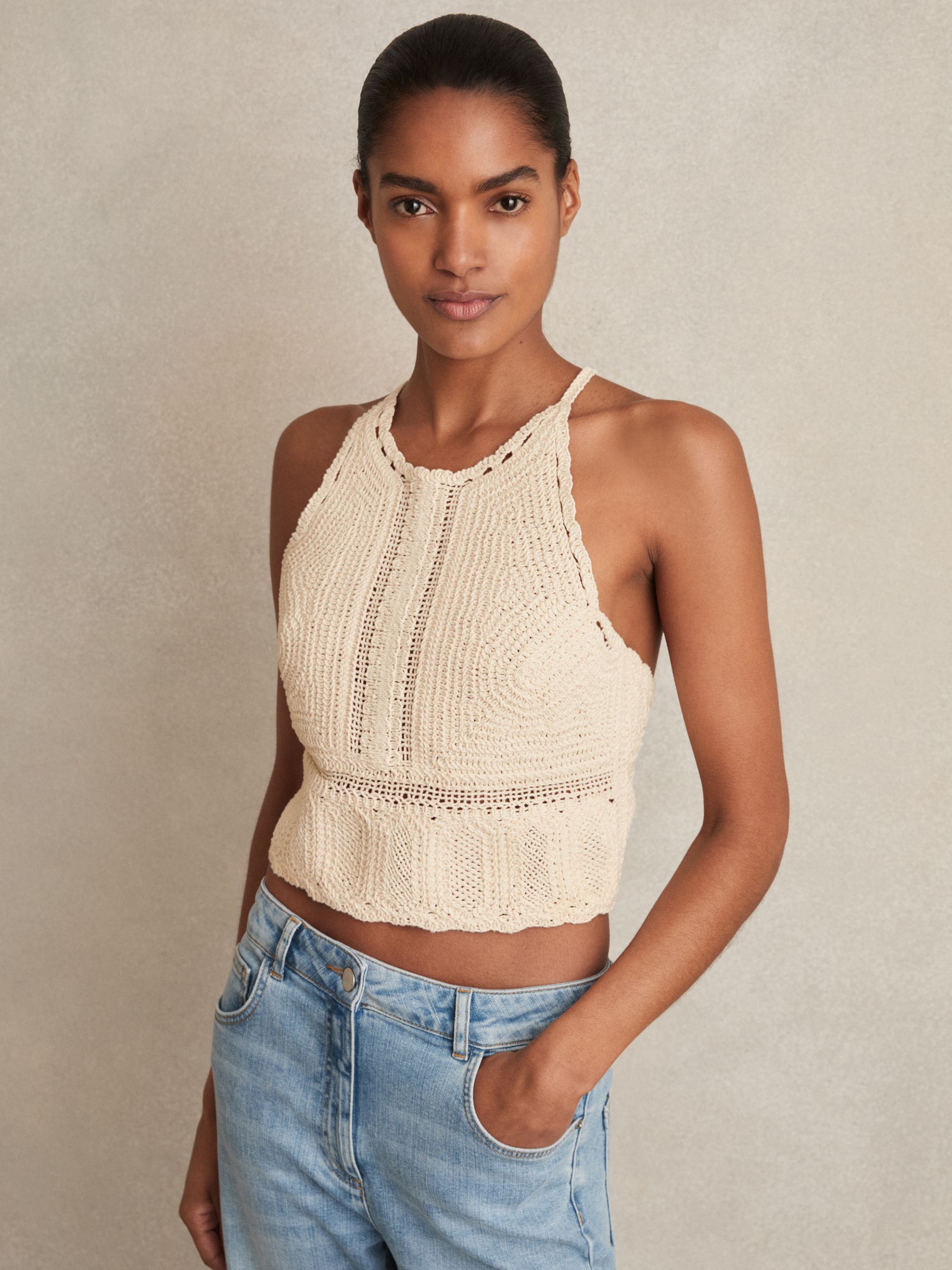 Cotton Crochet Tie-Back Cropped Top in Cream