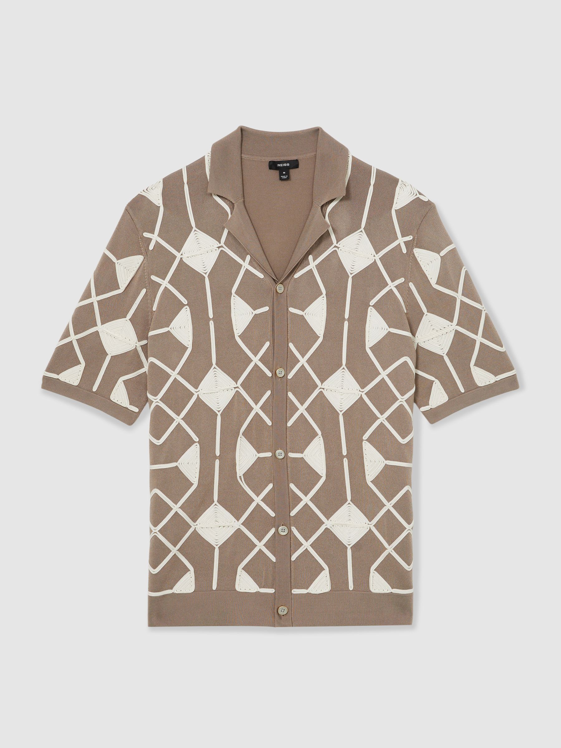 Geometric Embroidery Knit Shirt in Taupe Brown