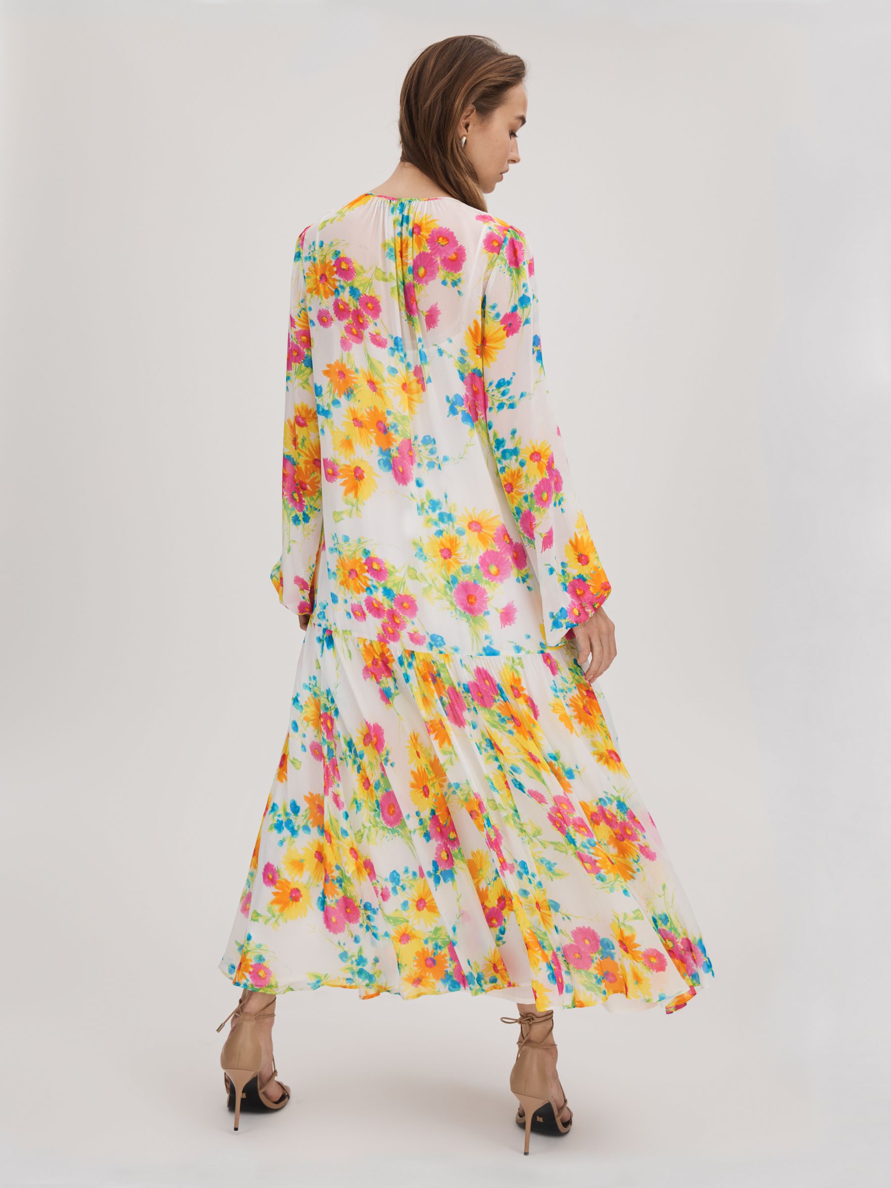 Florere Printed Tie Neck Midi Dress in Ivory/Multi