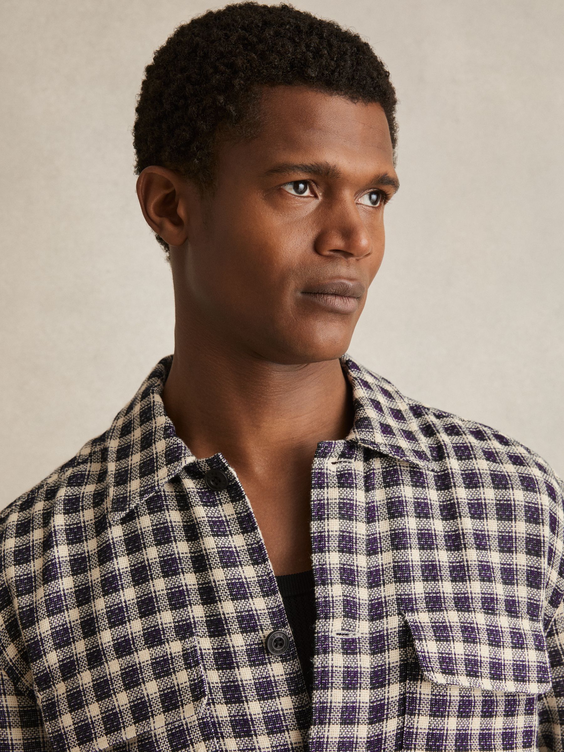 Woven Check Twin Pocket Overshirt in Navy/White