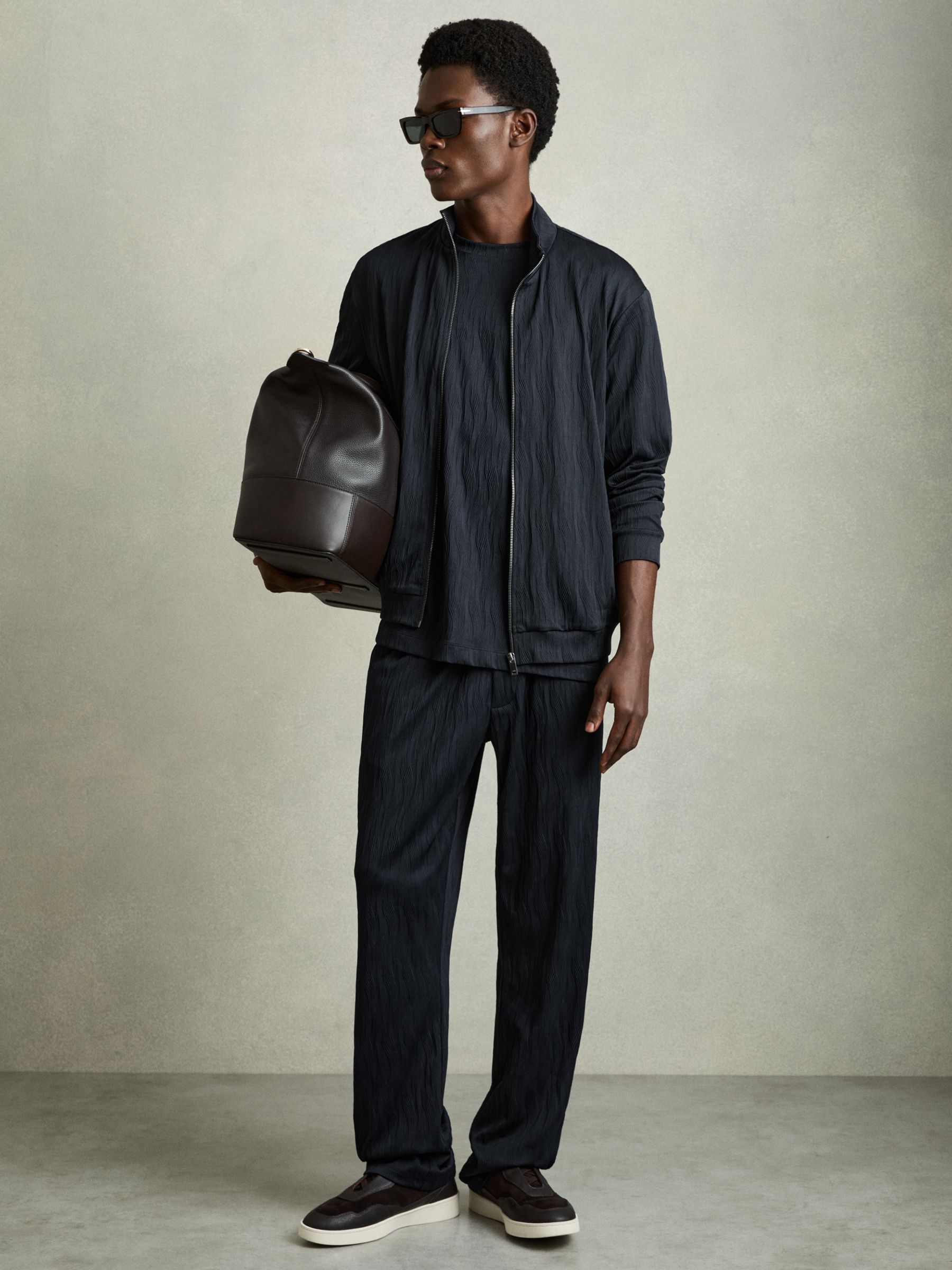 Wave-Jacquard Zip-Through Jacket in Navy