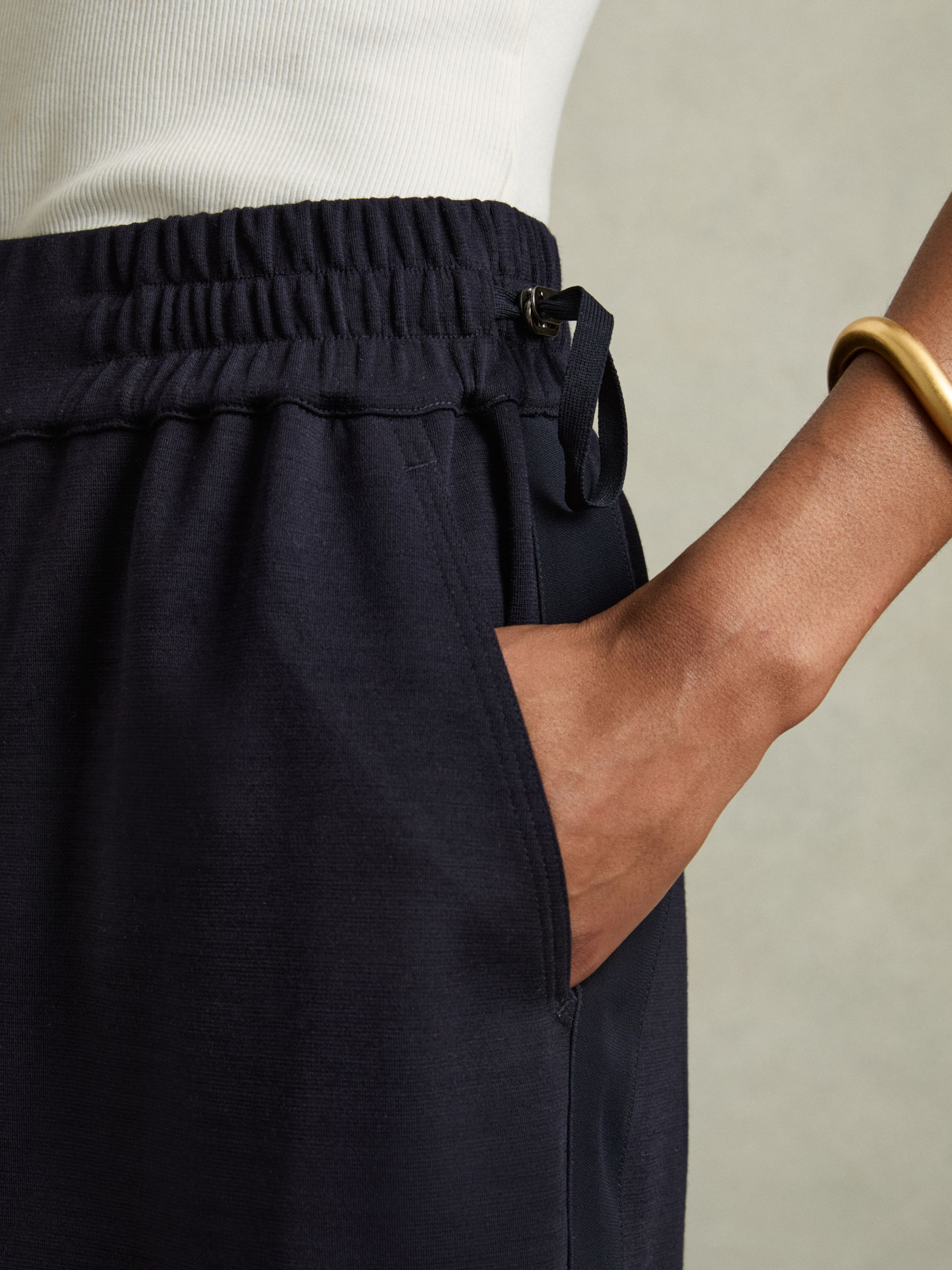 Wool-Blend Ruched Jersey Midi Skirt in Navy