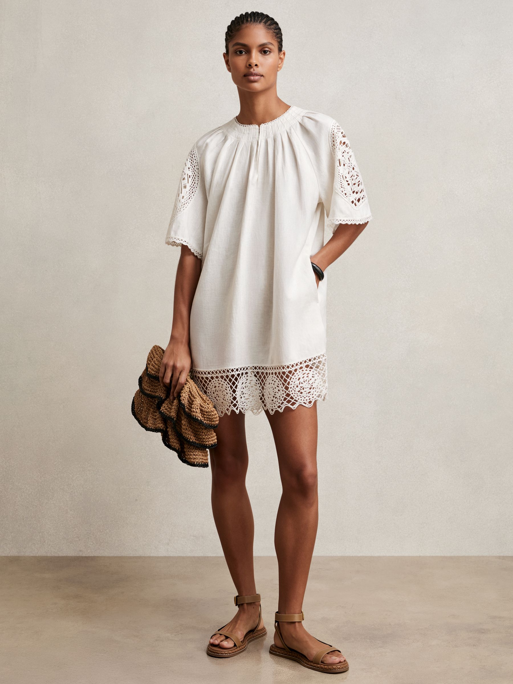 Linen Embroidered Shift Dress in Ivory