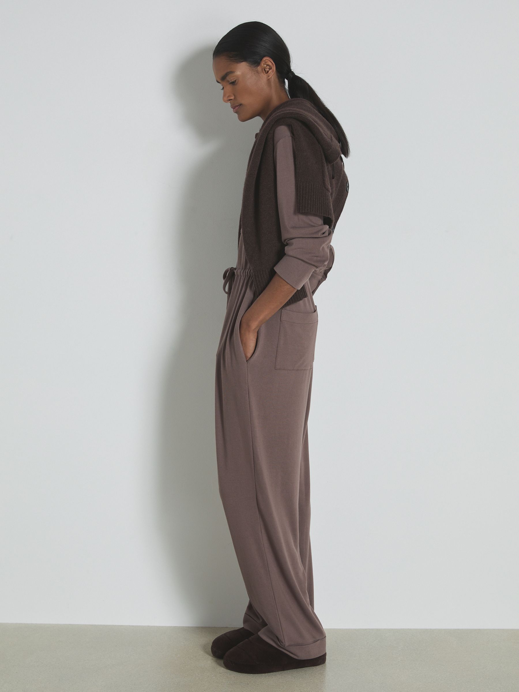 Thermal Jersey Drawstring Jumpsuit in Dark Mink
