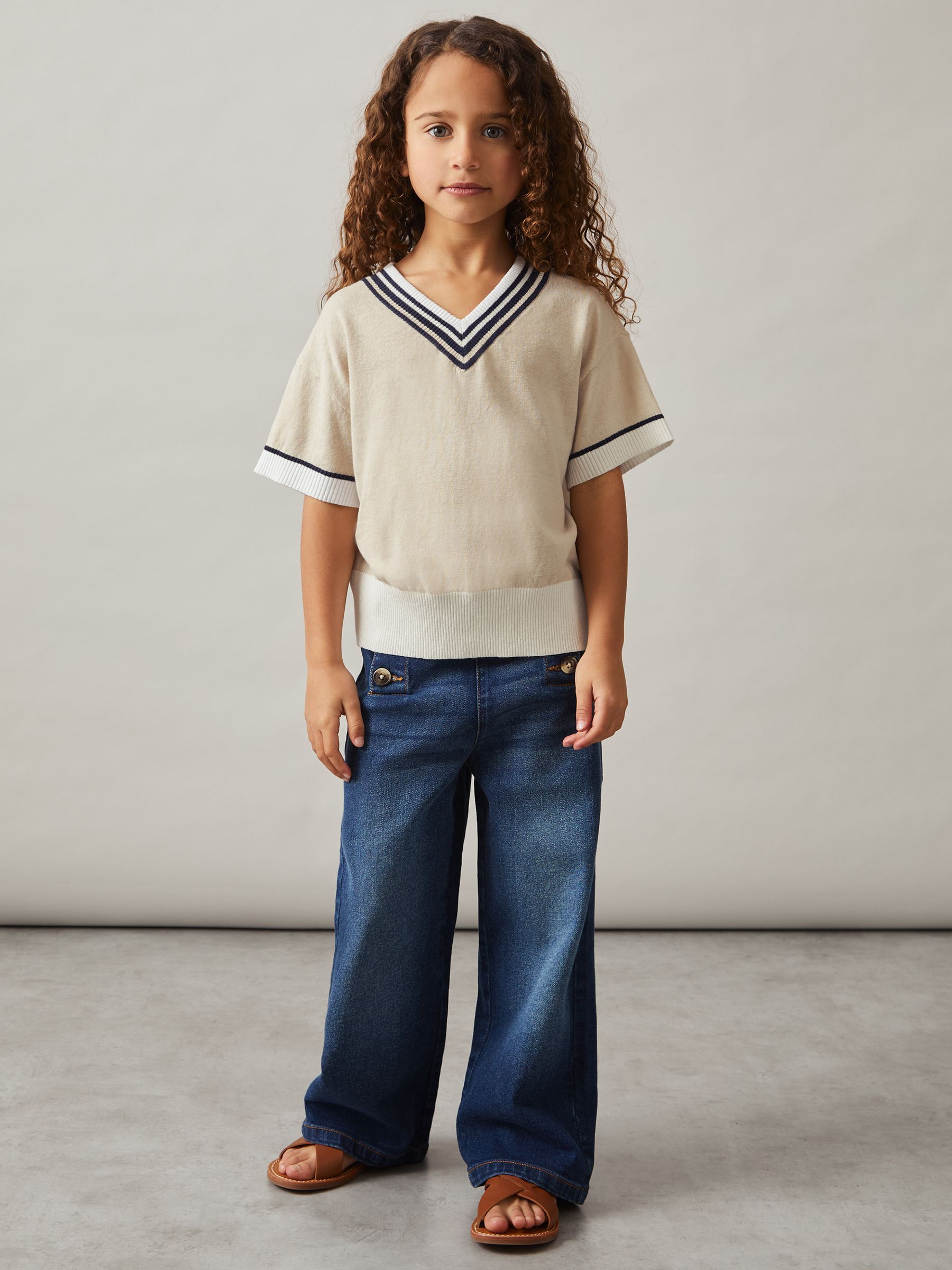 9-13 yrs Cotton-Linen Knit V-Neck Cricket Top in Neutral