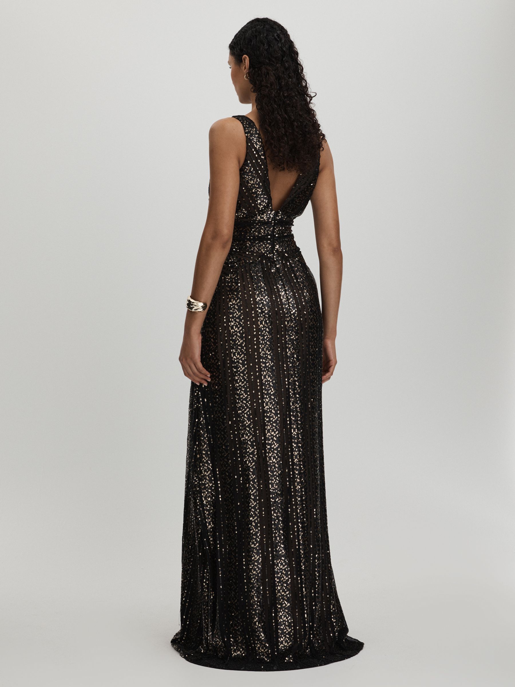 Halston Plunge Neck Sequin Maxi Dress in Black