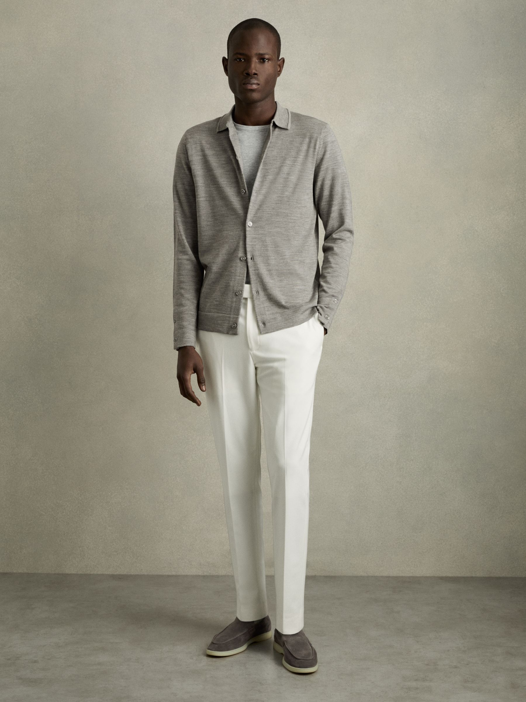 Merino Wool Button-Through Cardigan in Warm Grey Melange