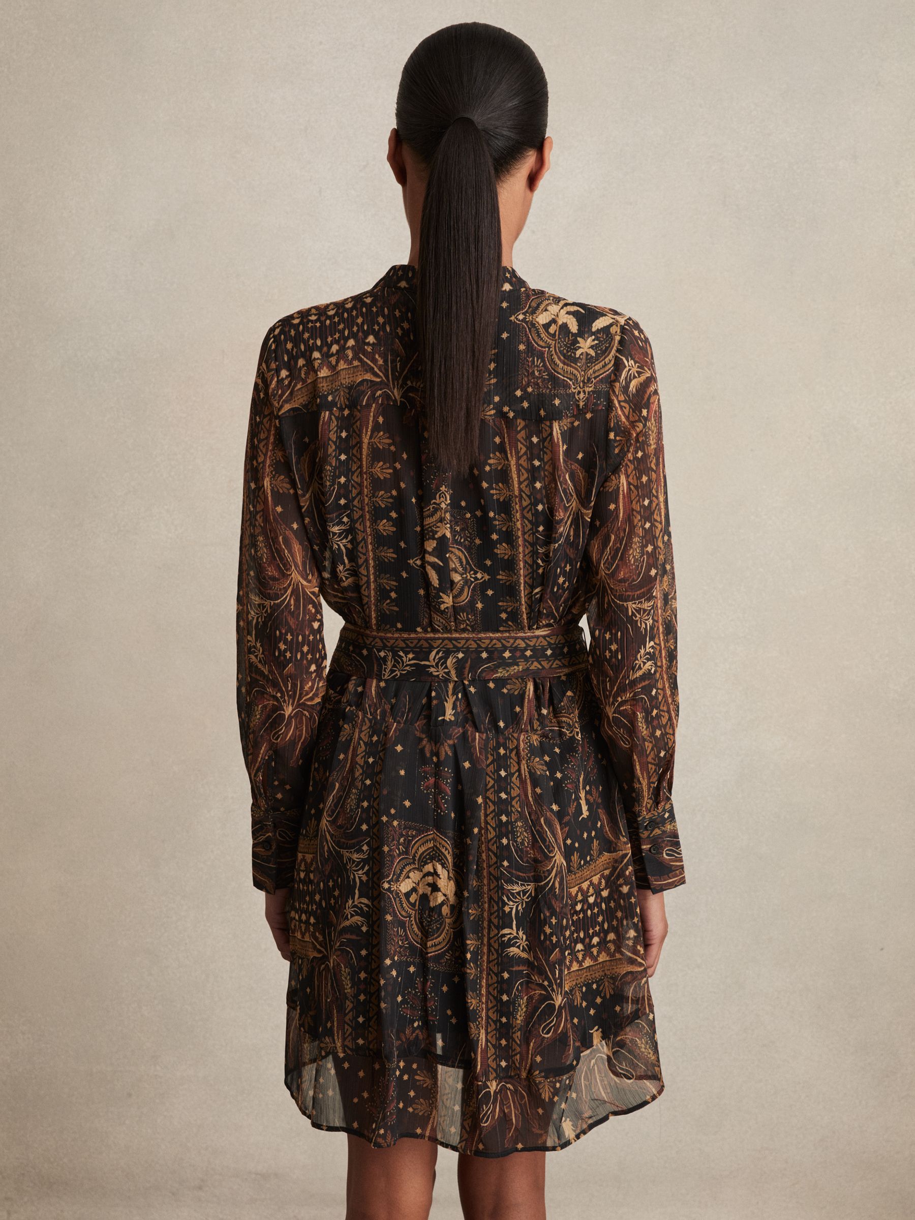 Botanical-Print Chiffon Mini Dress in Navy