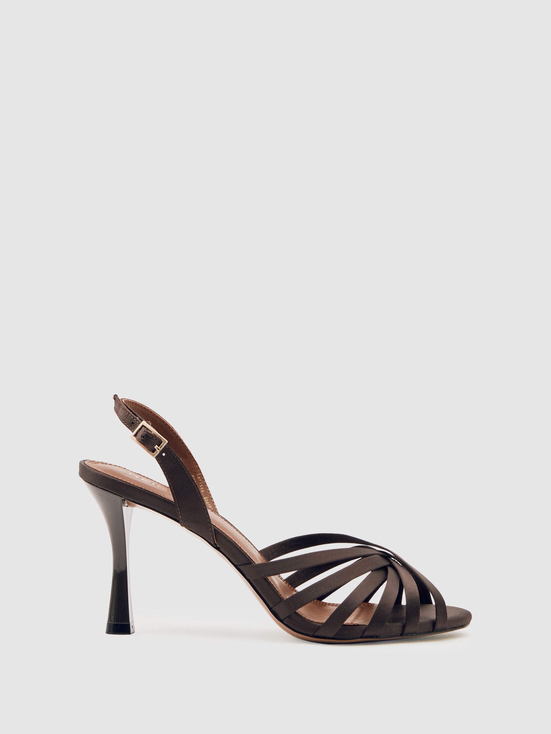 Satin Cross-Strap Heeled Sandals in Chocolate