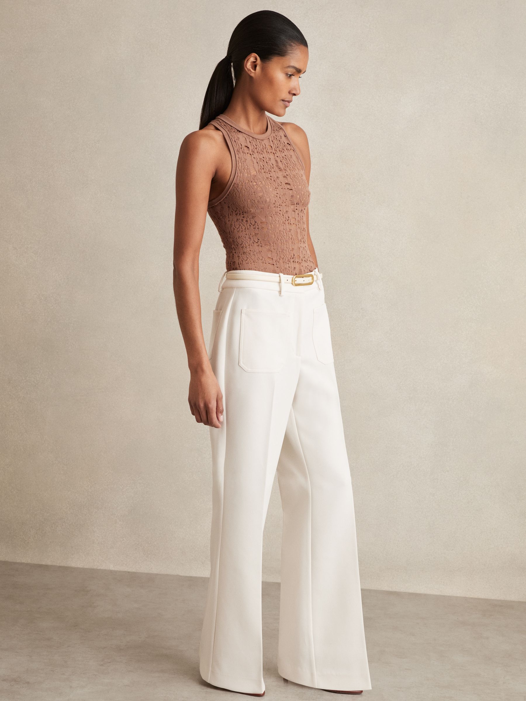 Twill Patch-Pocket Flared Trousers in Cream