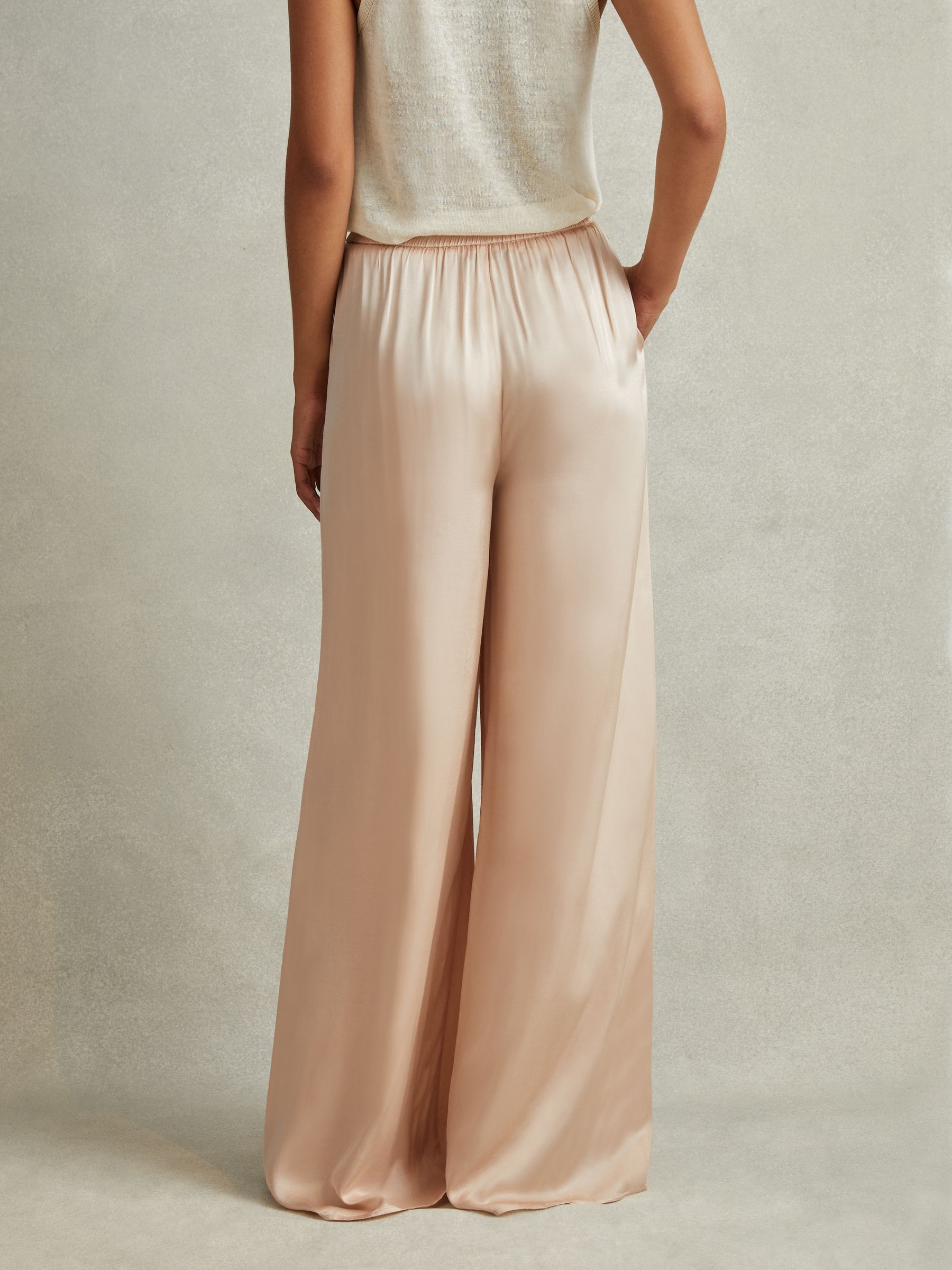 Satin Elasticated Waist Wide Leg Trousers in Champagne