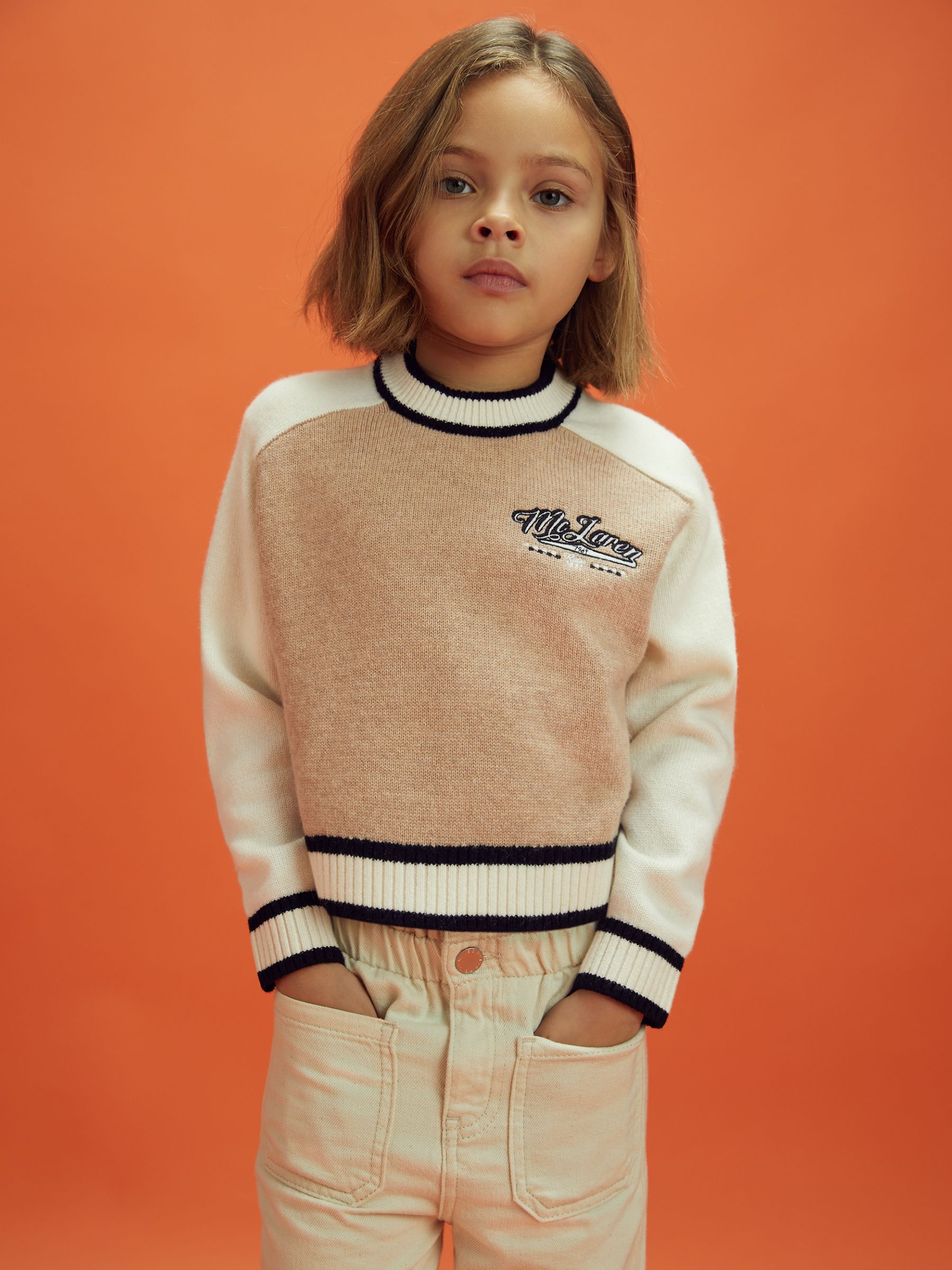 3-9 yrs McLaren F1 Wool Cashmere Cropped Jumper in Camel/Ecru