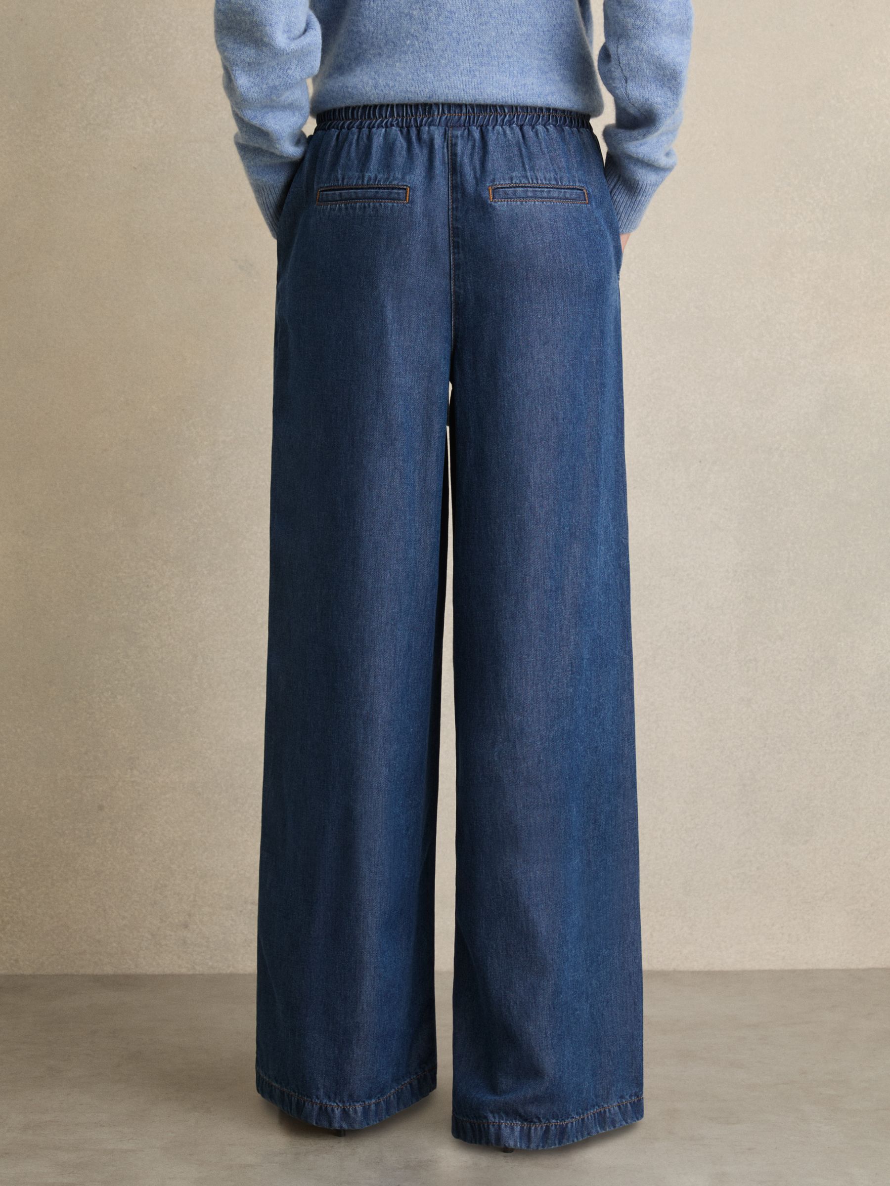 Wide-Leg Chambray Drawstring Trousers in Mid Blue