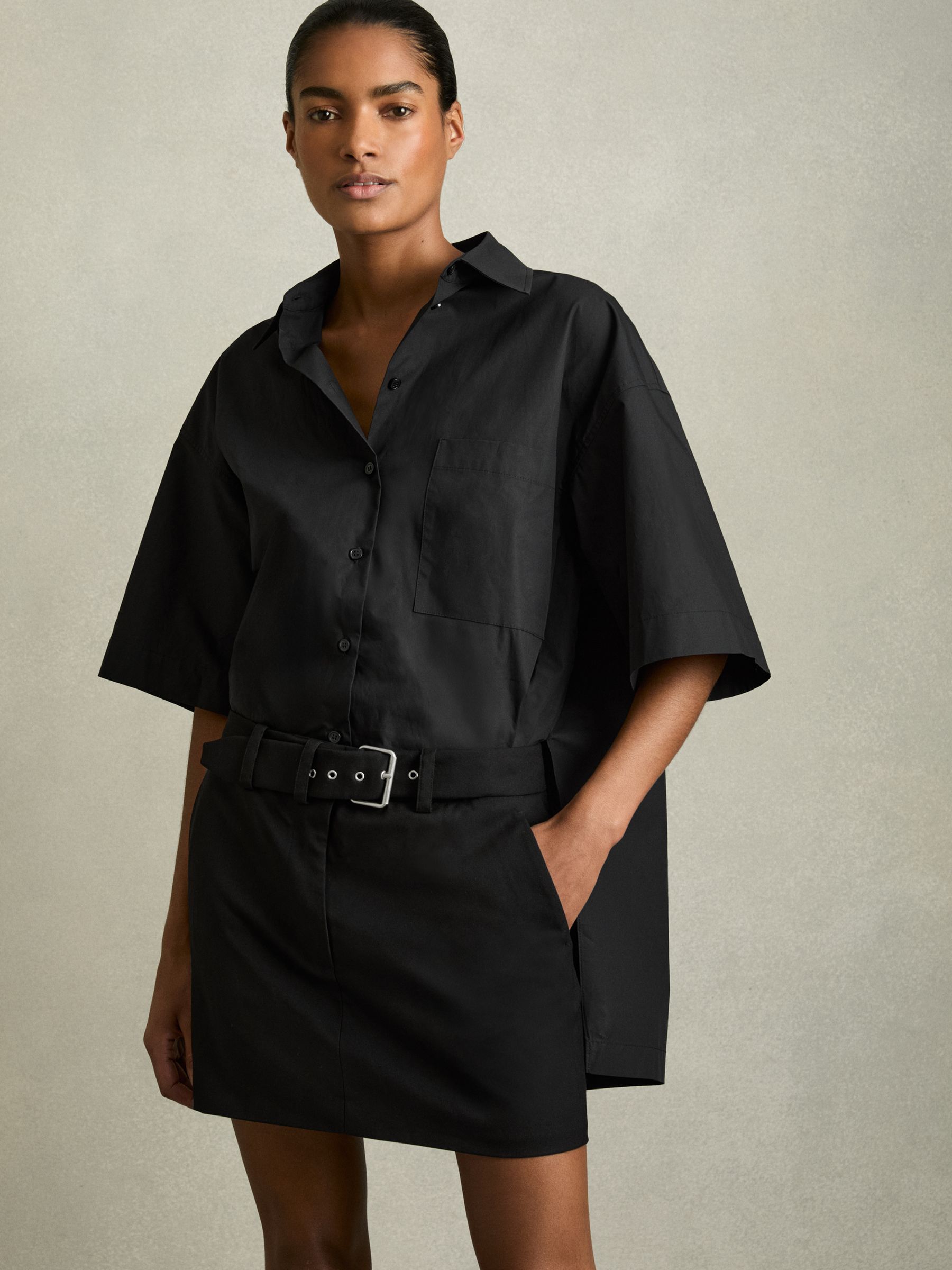 Cotton Woven Belted Shirt Dress in Black