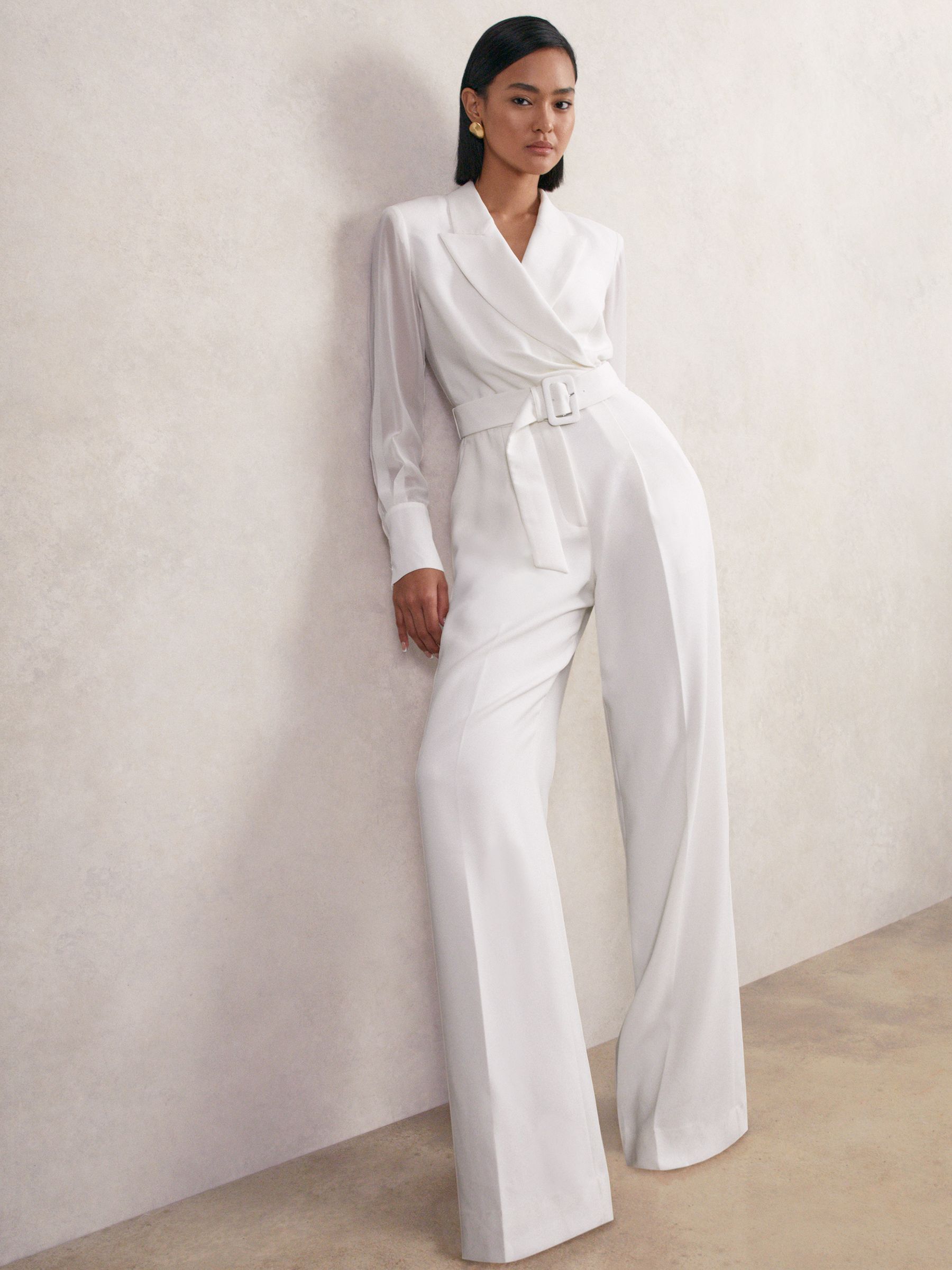 Sheer-Sleeve Wide-Leg Tuxedo Jumpsuit in Ivory
