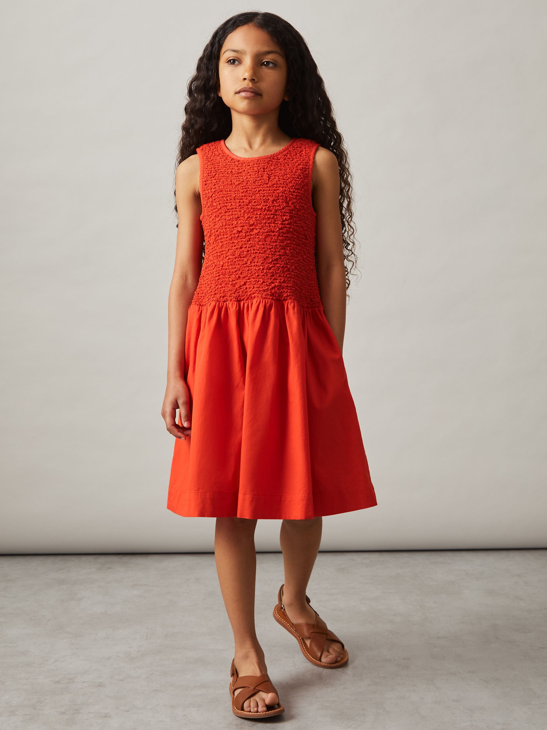 13-14 yrs Cotton Shirred-Bodice Dress in Red