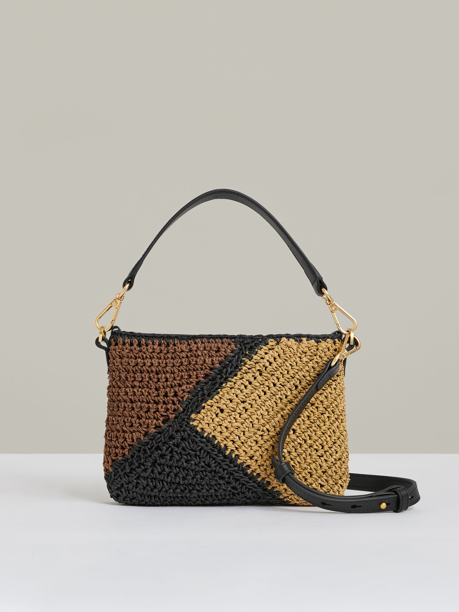 Raffia Colour-Block Crossbody Bag in Tan