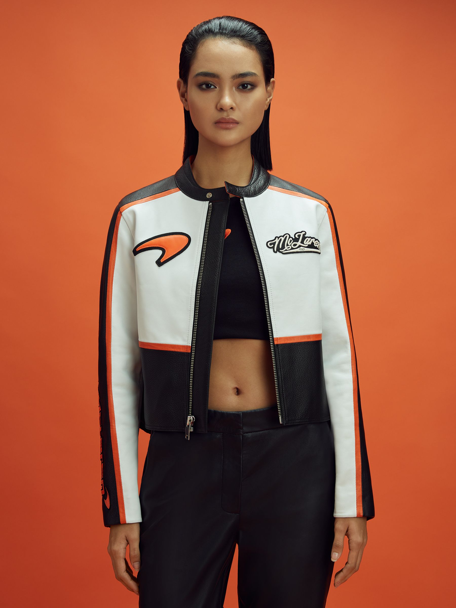 McLaren F1 Colourblock Leather Biker Jacket in Black/Papaya