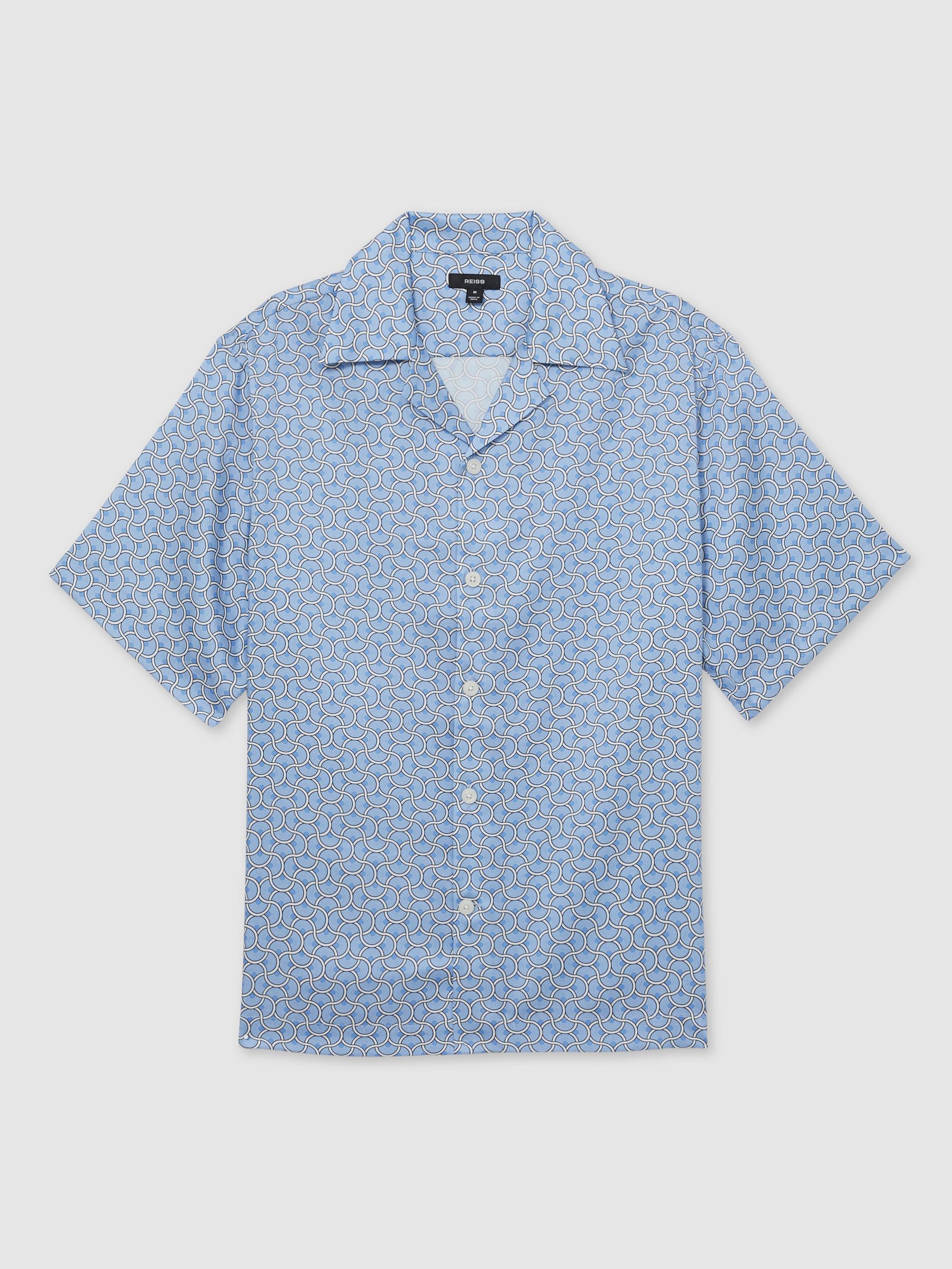 Geometric Wave Print Cuban Shirt in Soft Blue