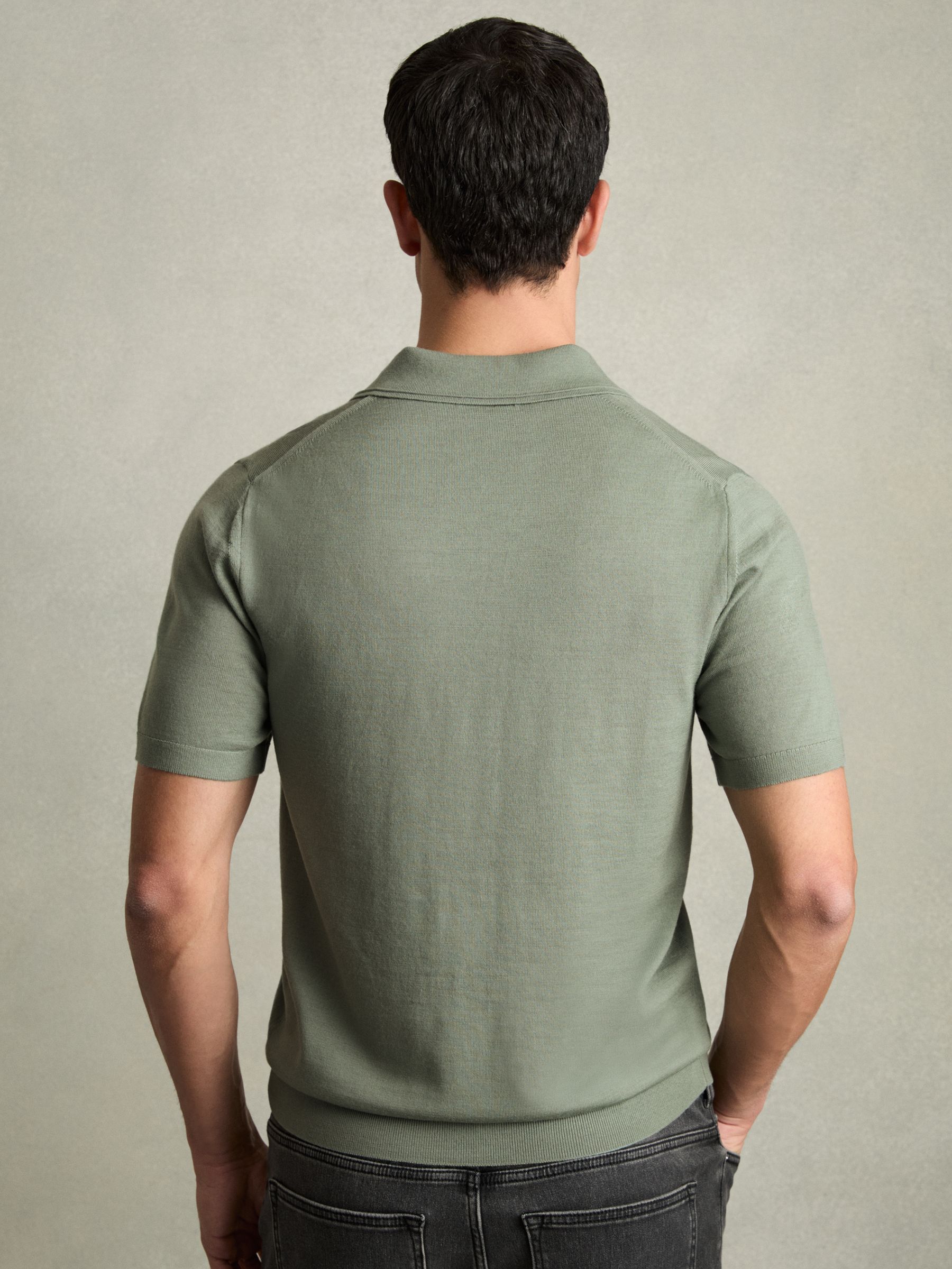 Merino Wool Open Collar Polo Shirt in Herb Green