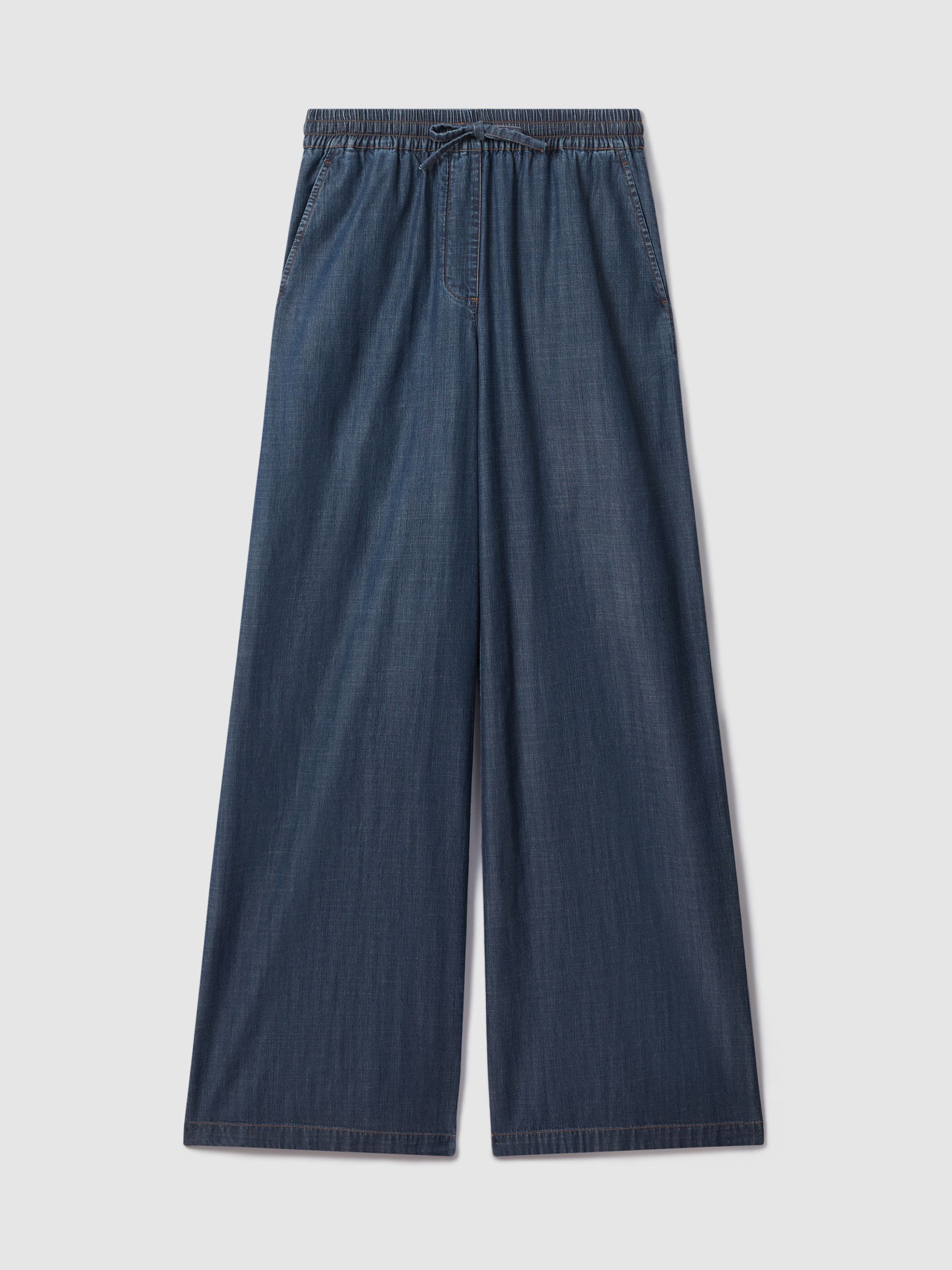 Denim Look Wide Leg Trousers in Mid Blue