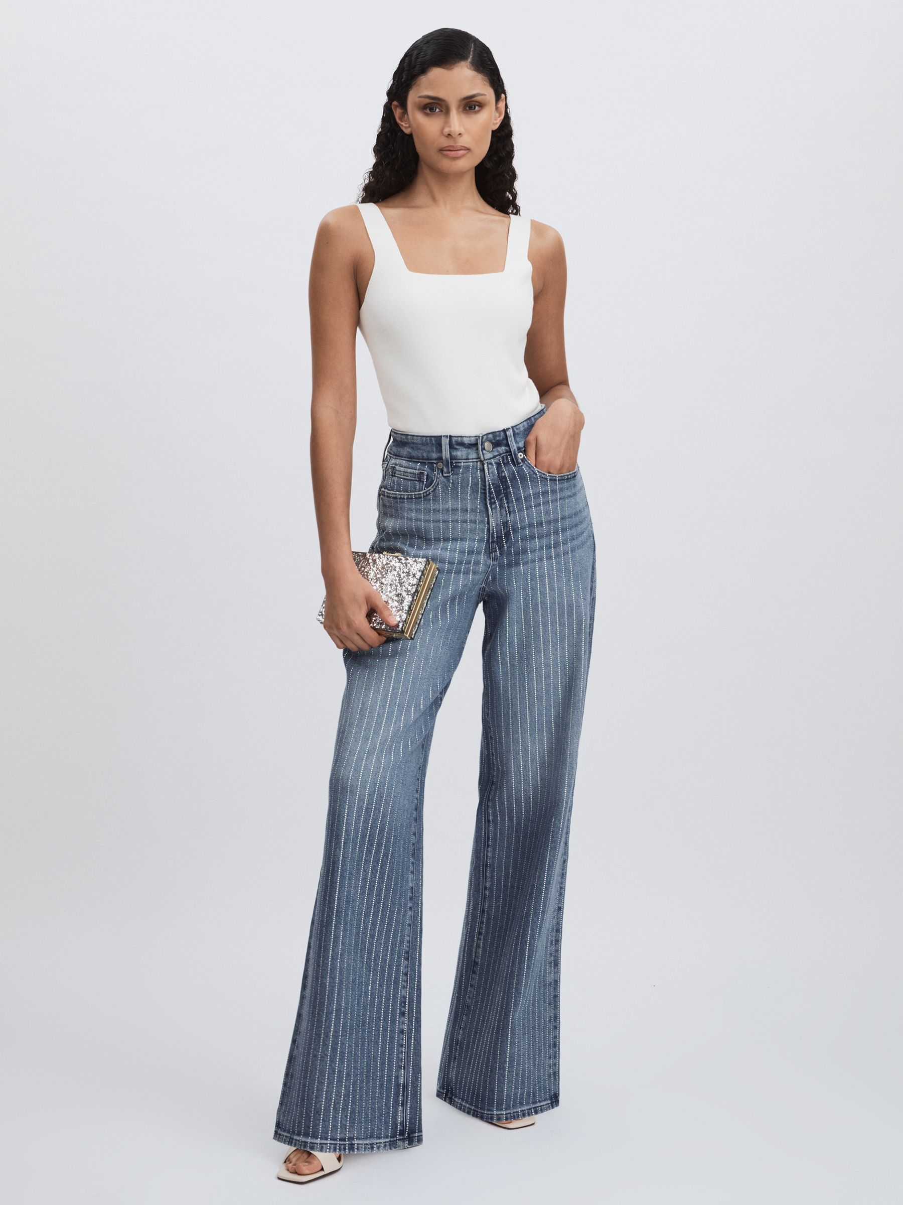 Good American Crystal-Stripe Relaxed Jeans in Light Blue